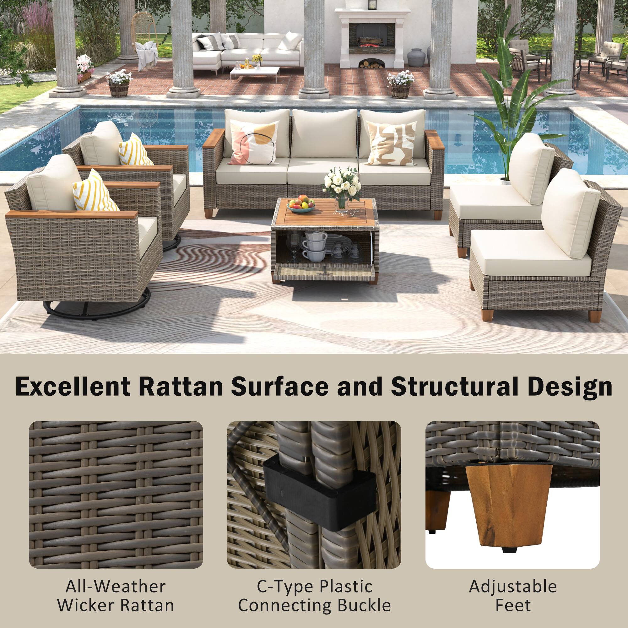 Excellent Rattan Surface and Structural Design

All-Weather Wicker Rattan

C-Type Plastic Connecting Buckle

Adjustable Feet