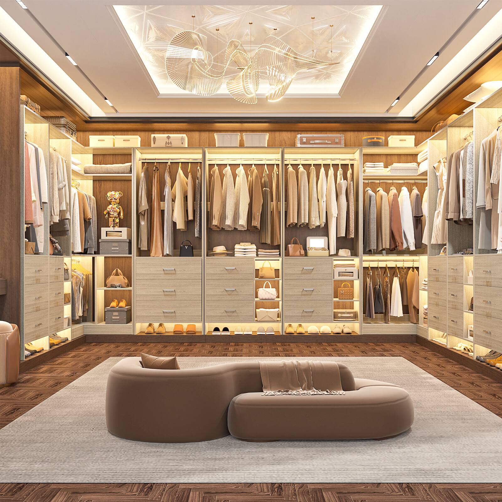 Alt View 4. Aheaplus - L Shaped Closet System with 4 Drawers, 4 Hanging Rods, and Corner Tower, 80.9'' Corner Wardrobe System, Reversible - Beige Oak.