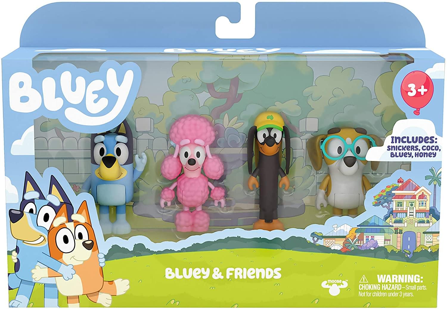 Bluey 3+ Includes: Snickers, Coco, Bluey, Honey Bluey & Friends Moose Warning: Choking Hazard - Small parts. Not for children under 3 years.