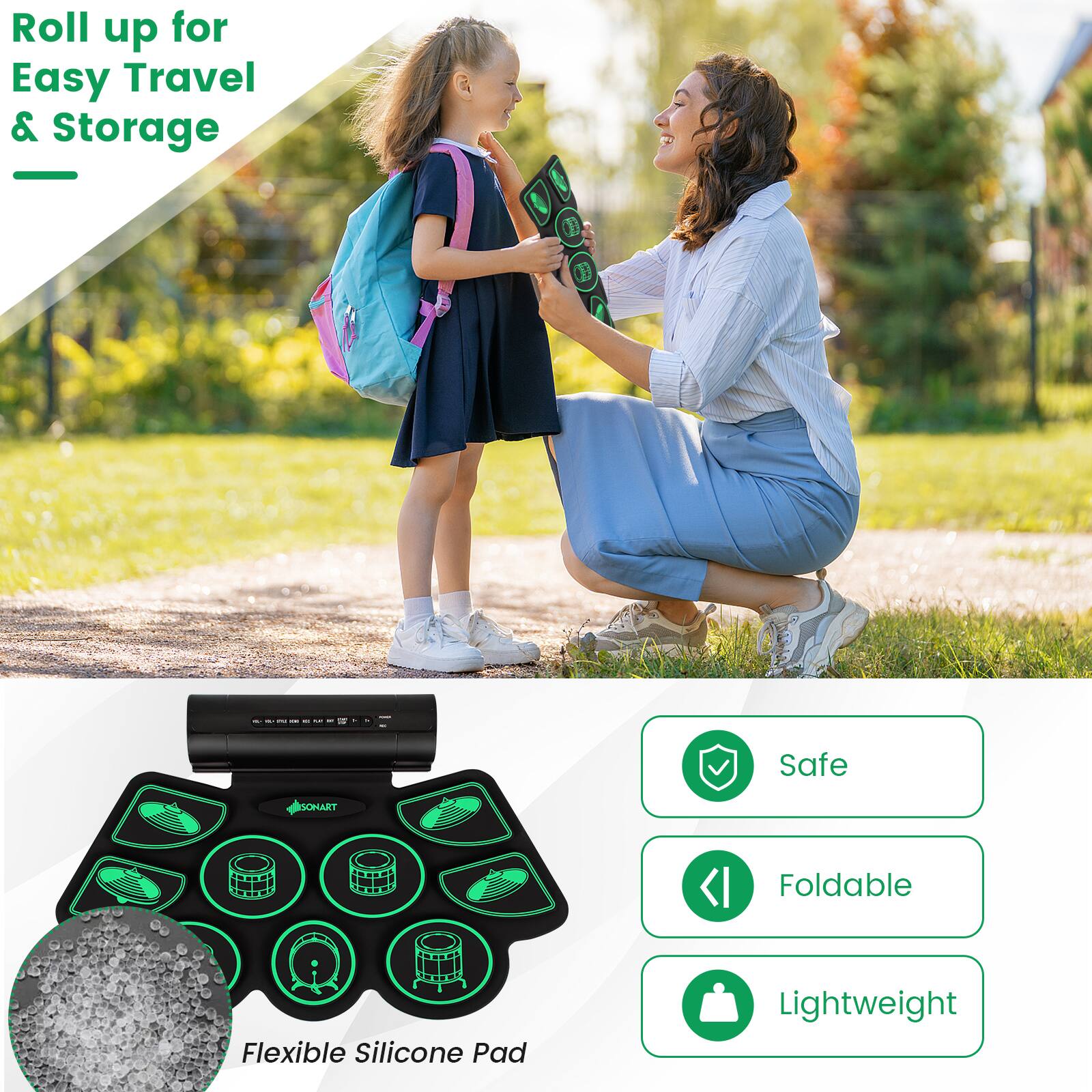 Roll up for Easy Travel & Storage

Flexible Silicone Pad

Safe
Foldable
Lightweight