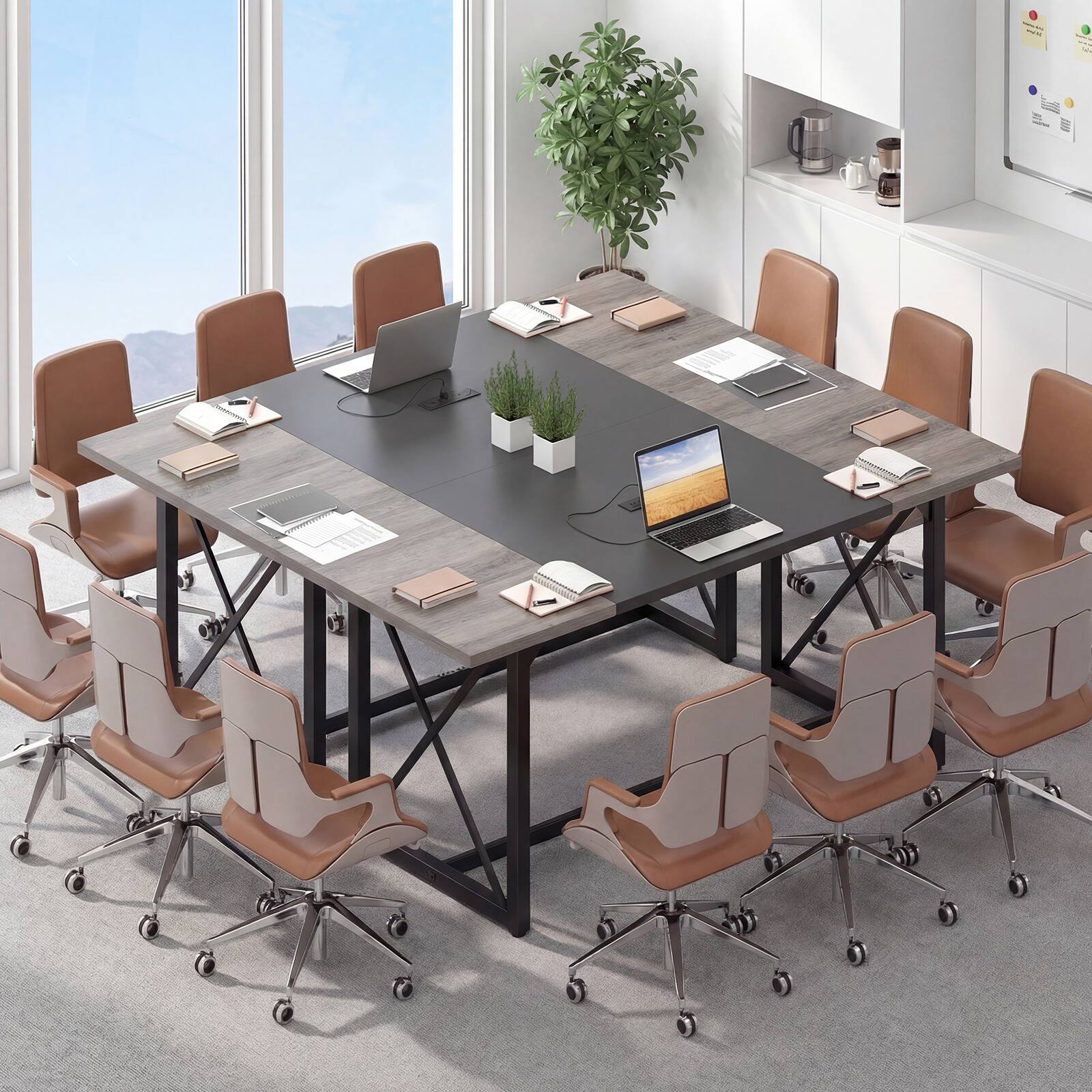 Alt View 3. Costway - Costway 2 PCS Conference Table with Power Outlets, Thickened Top & Heavy-duty Metal Frame - Gray Oak.