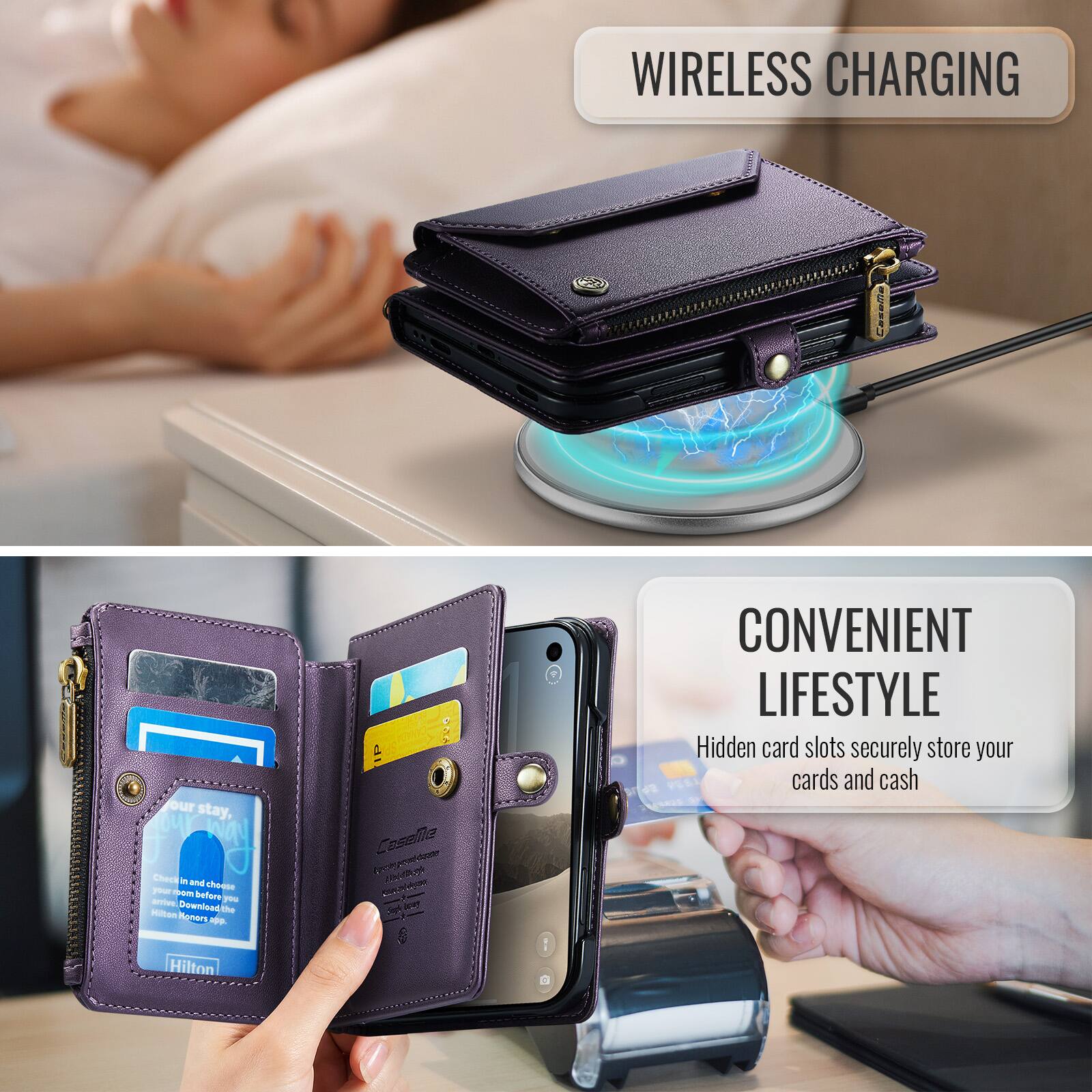 WIRELESS CHARGING

Caseme

our stay, D Check in and choose your room before you arrive. you Hilton Download the Konors app. Hilton

P CaseMe backyostome INER consgues bray

1

CONVENIENT LIFESTYLE Hidden card slots securely store your cards and cash