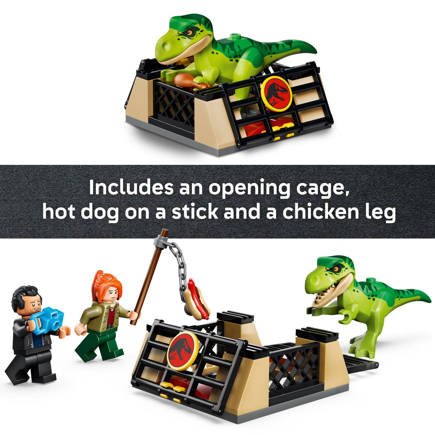Includes an opening cage, hot dog on a stick and a chicken leg