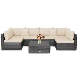 Gymax - Set of 7 Rattan Furniture Set Sectional Sofa Cushioned Patio Mix Grey & Beige - Mix Grey, Beige