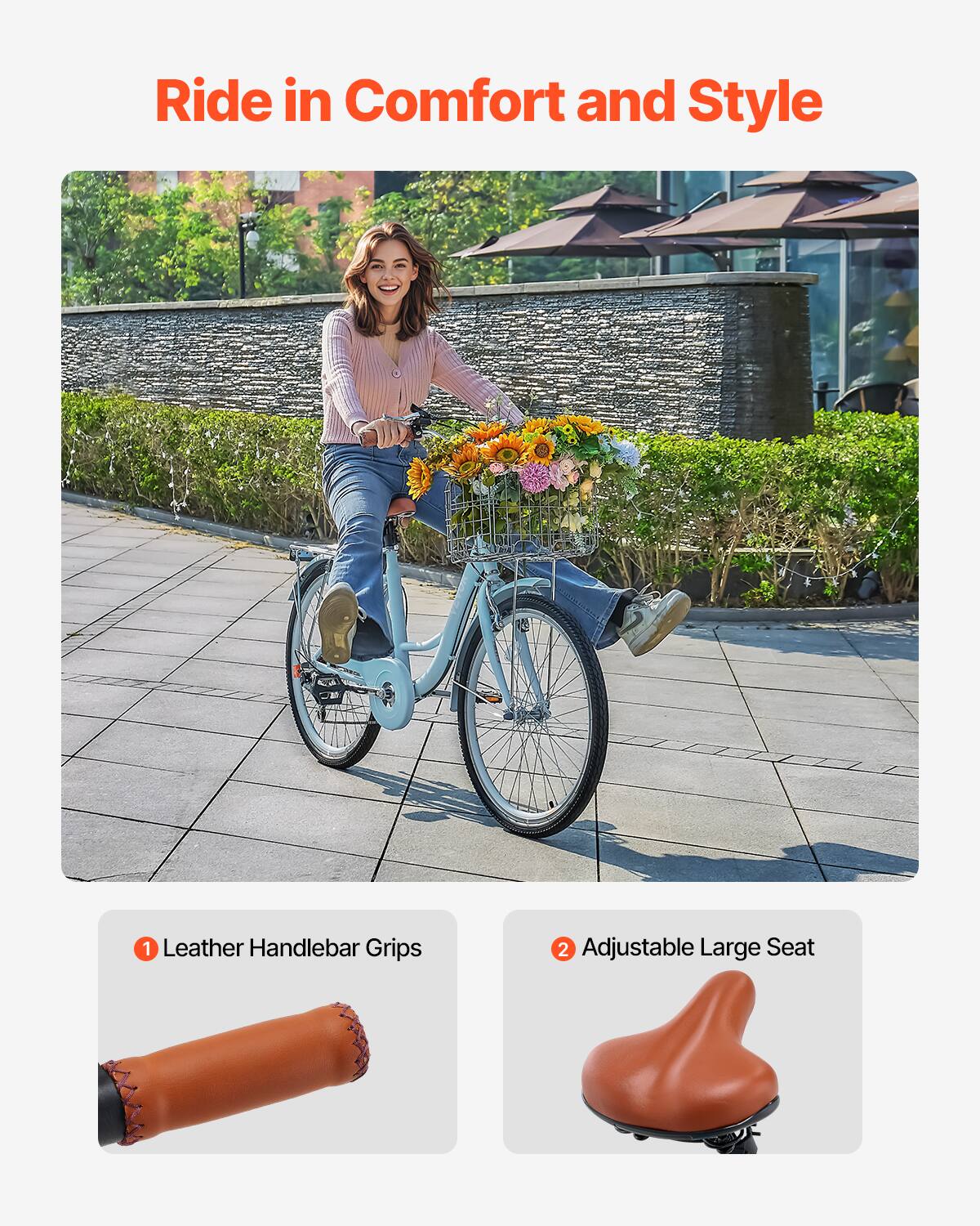 Ride in Comfort and Style
1. Leather Handlebar Grips
2. Adjustable Large Seat