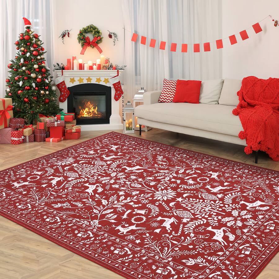 GARVEE Classical Festive Reindeer & Bells Area Rug for Dining Room Non ...