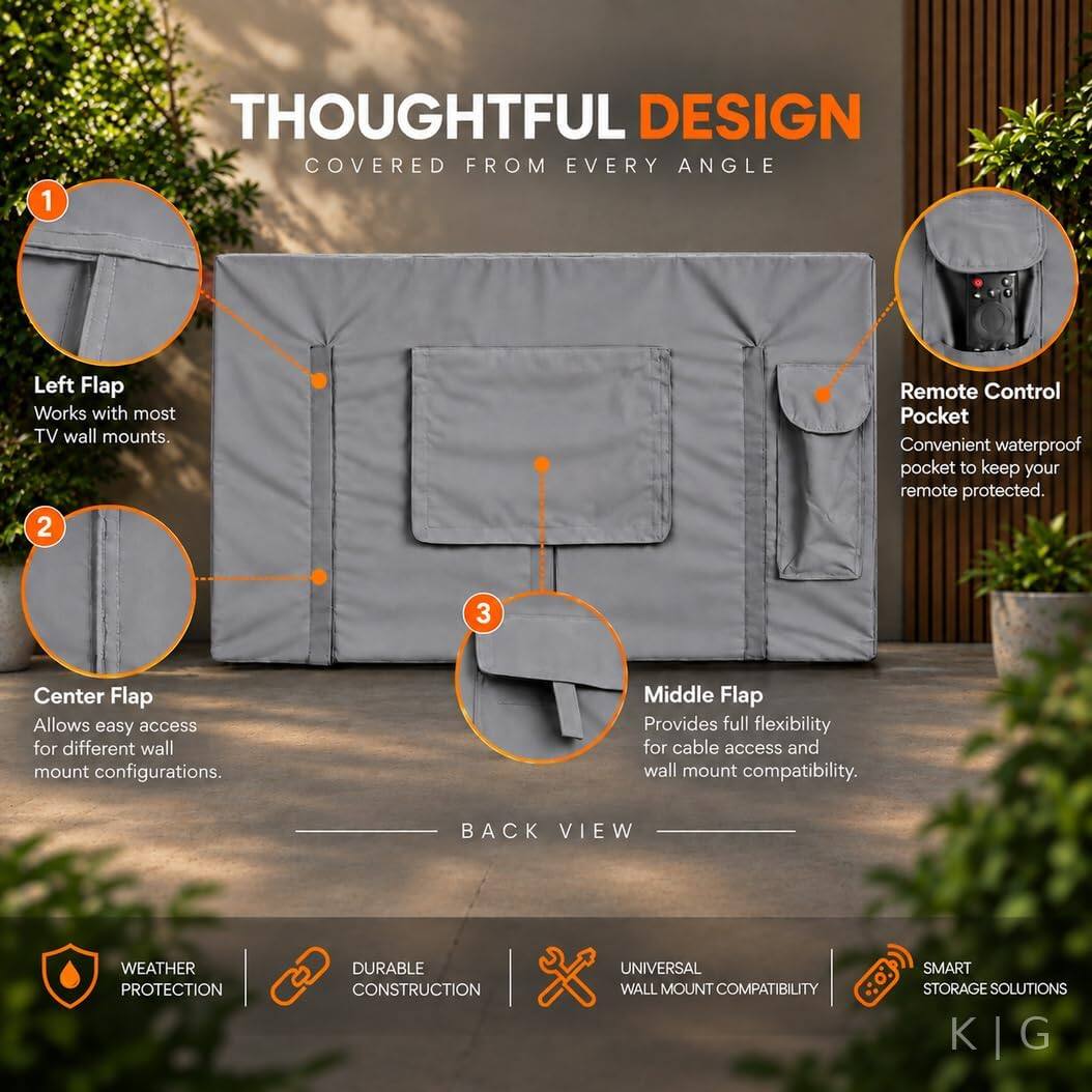 1. THOUGHTFUL DESIGN COVERED FROM EVERY ANGLE
2. Left Flap Works with most TV wall mounts.
3. Remote Control Pocket Convenient waterproof pocket to keep your remote protected.
4. Center Flap Allows easy access for different wall mount configurations.
5. Middle Flap Provides full flexibility for cable access and wall mount compatibility.
6. BACK VIEW
7. WEATHER PROTECTION
8. DURABLE CONSTRUCTION
9. UNIVERSAL WALL MOUNT COMPATIBILITY
10. SMART STORAGE SOLUTIONS
11. KIG