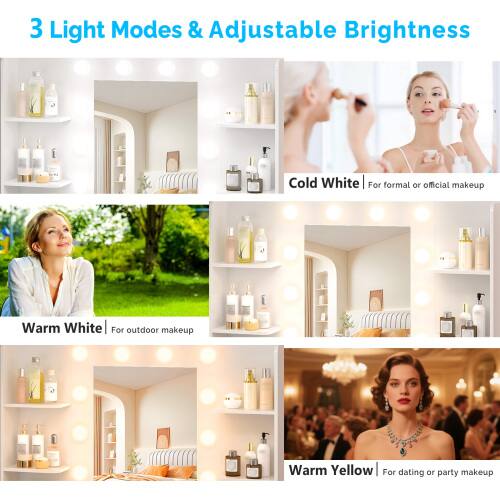 3 Light Modes & Adjustable Brightness

Cold White | For formal or official makeup

Warm White | For outdoor makeup

Warm Yellow | For dating or party makeup