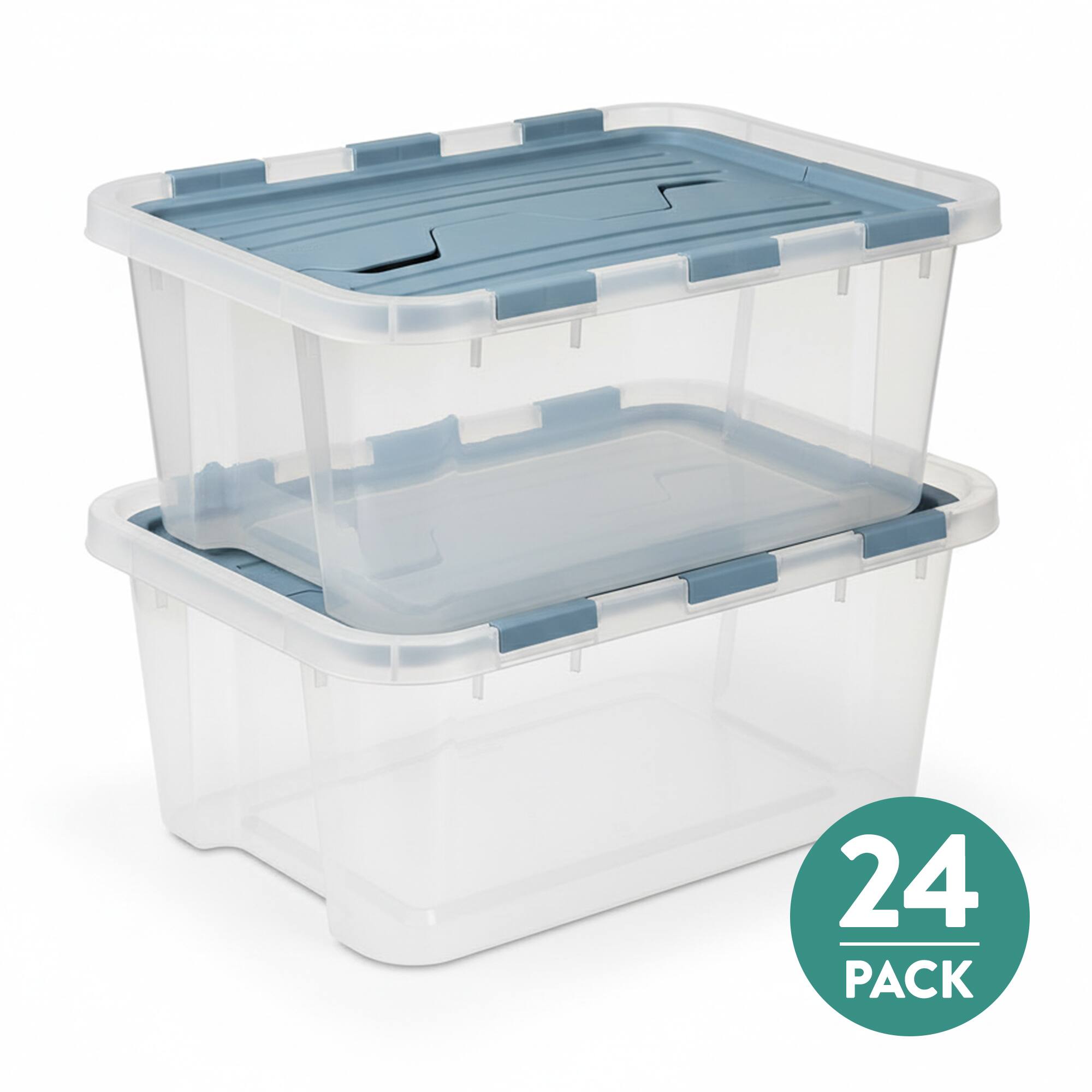 Front. Sterilite - Sterilite 20 Qt Hinged Lid Storage Box, Plastic Container, Washed Blue, 24 Pack.