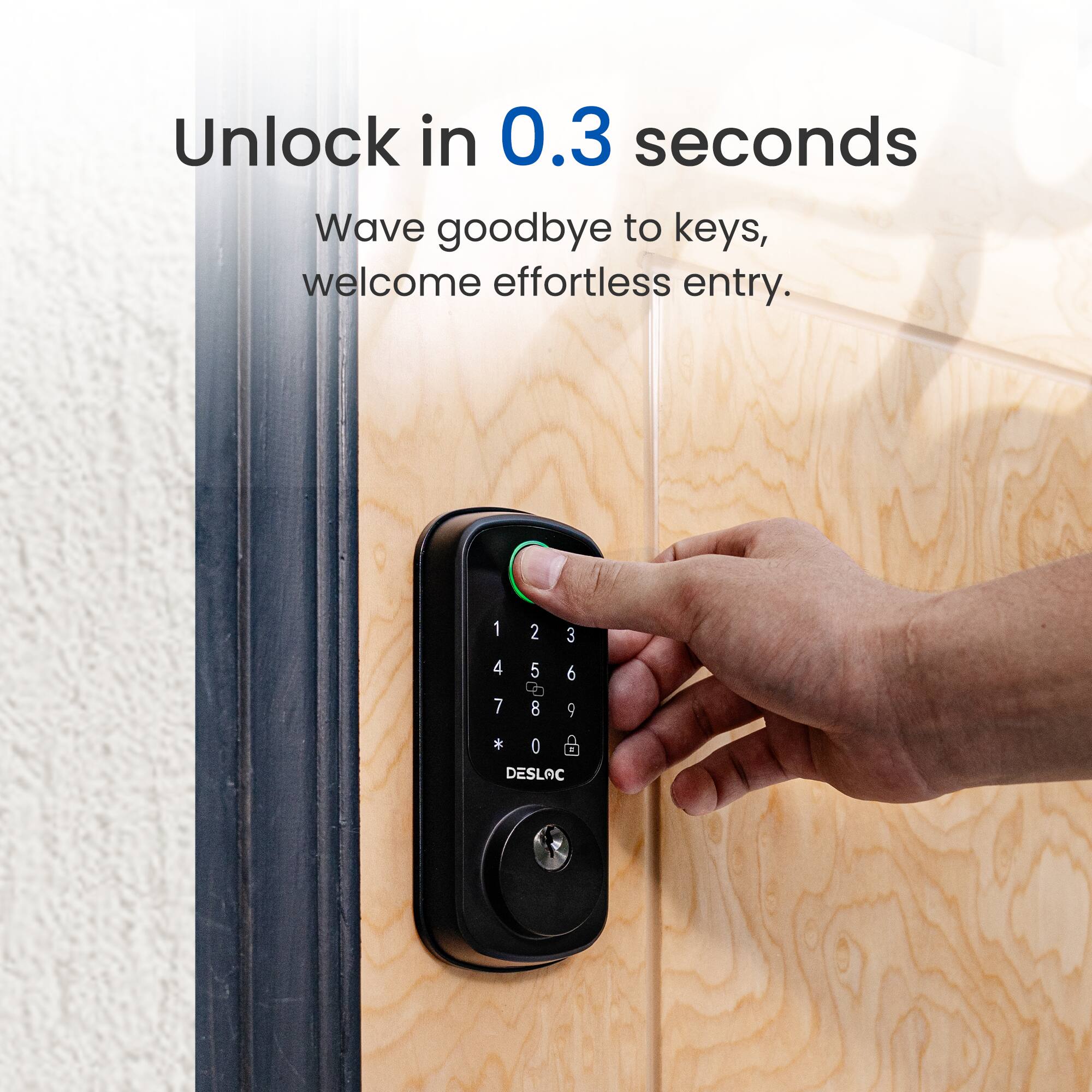 Unlock in 0.3 seconds. Wave goodbye to keys, welcome effortless entry.