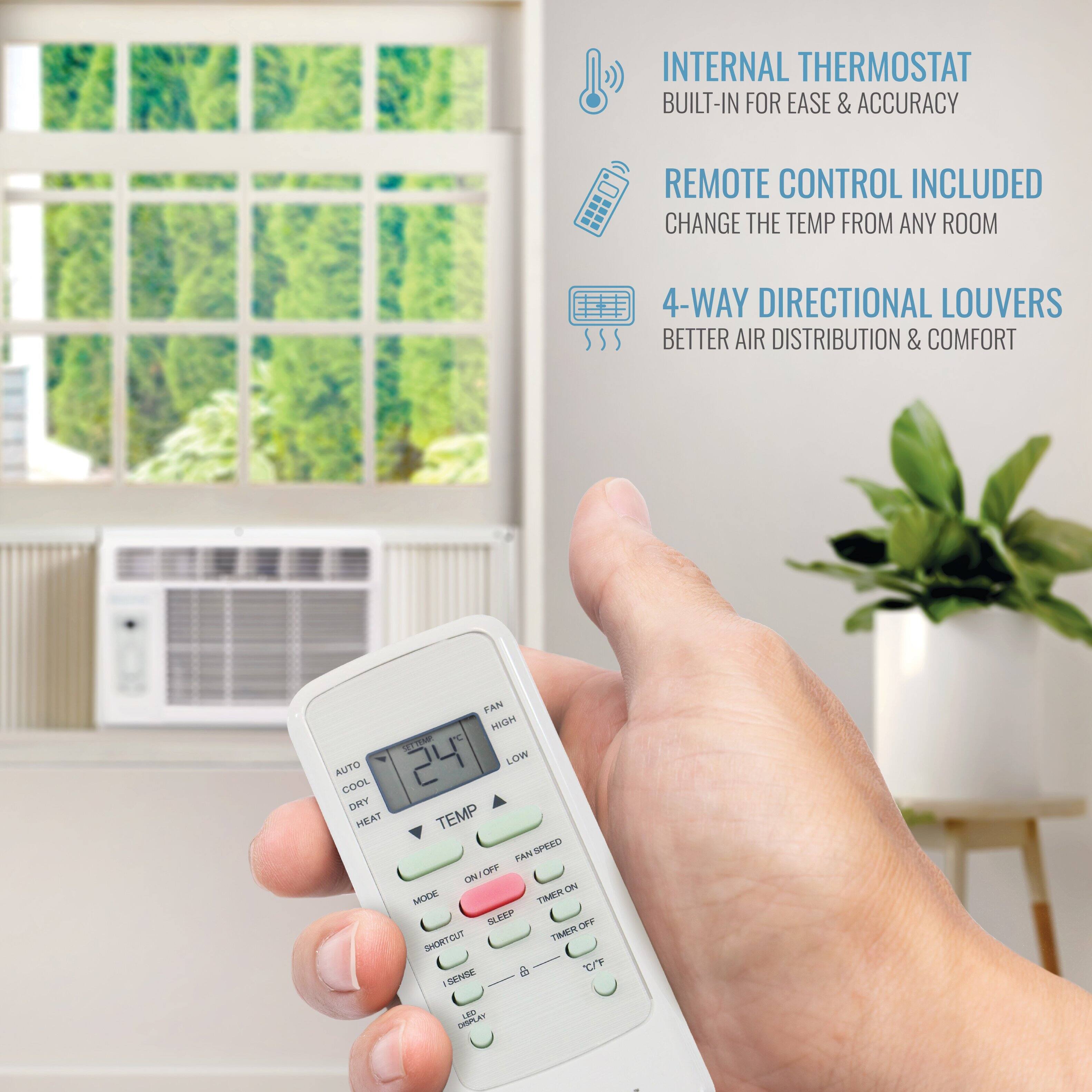 INTERNAL THERMOSTAT BUILT-IN FOR EASE & ACCURACY  
REMOTE CONTROL INCLUDED  
CHANGE THE TEMP FROM ANY ROOM  
4-WAY DIRECTIONAL LOUVERS  
BETTER AIR DISTRIBUTION & COMFORT  
FAN HIGH 24 LOW AUTO  
COOL DRY HEAT TEMP SPED FAN  
OP ON ON MODE TMER SLEEP OFF  
SHORTOUT CUT TMER