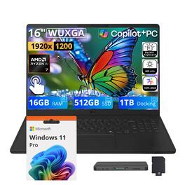 LG - Upgraded - Gram Book 16" WUXGA IPS Touch Laptop,Ryzen AI 7 445,16GB RAM,512GB SSD+1TB Dock Set,Backlit,Win 11 Pro - Titan Black