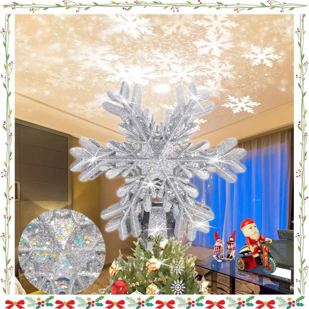 MOVSSOU - Christmas Tree Topper 3D Hollow Snowflake LED Projector 9.6” - Silver