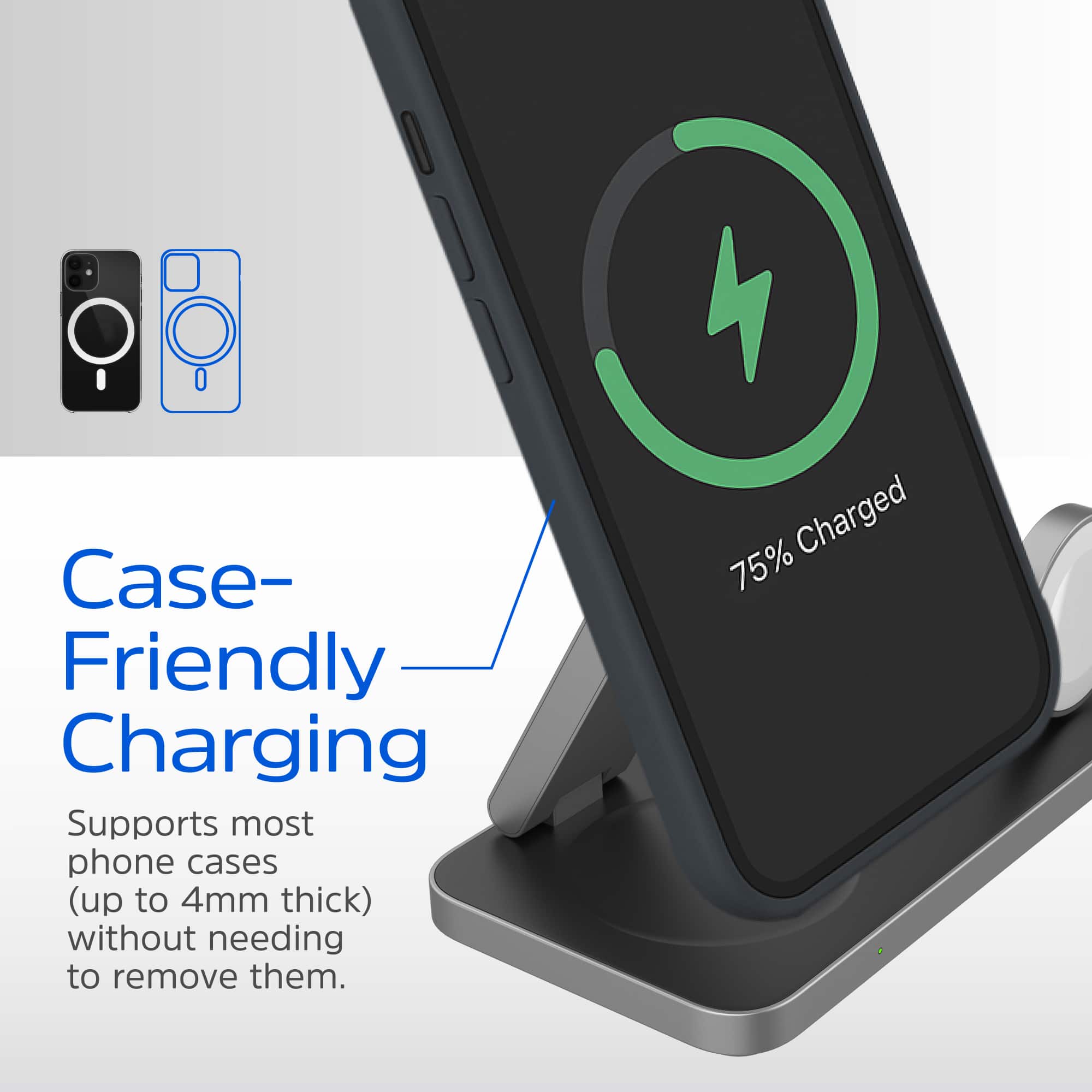 Case-Friendly Charging: Supports most phone cases (up to 4mm thick) without needing to remove them. Charged 75%.