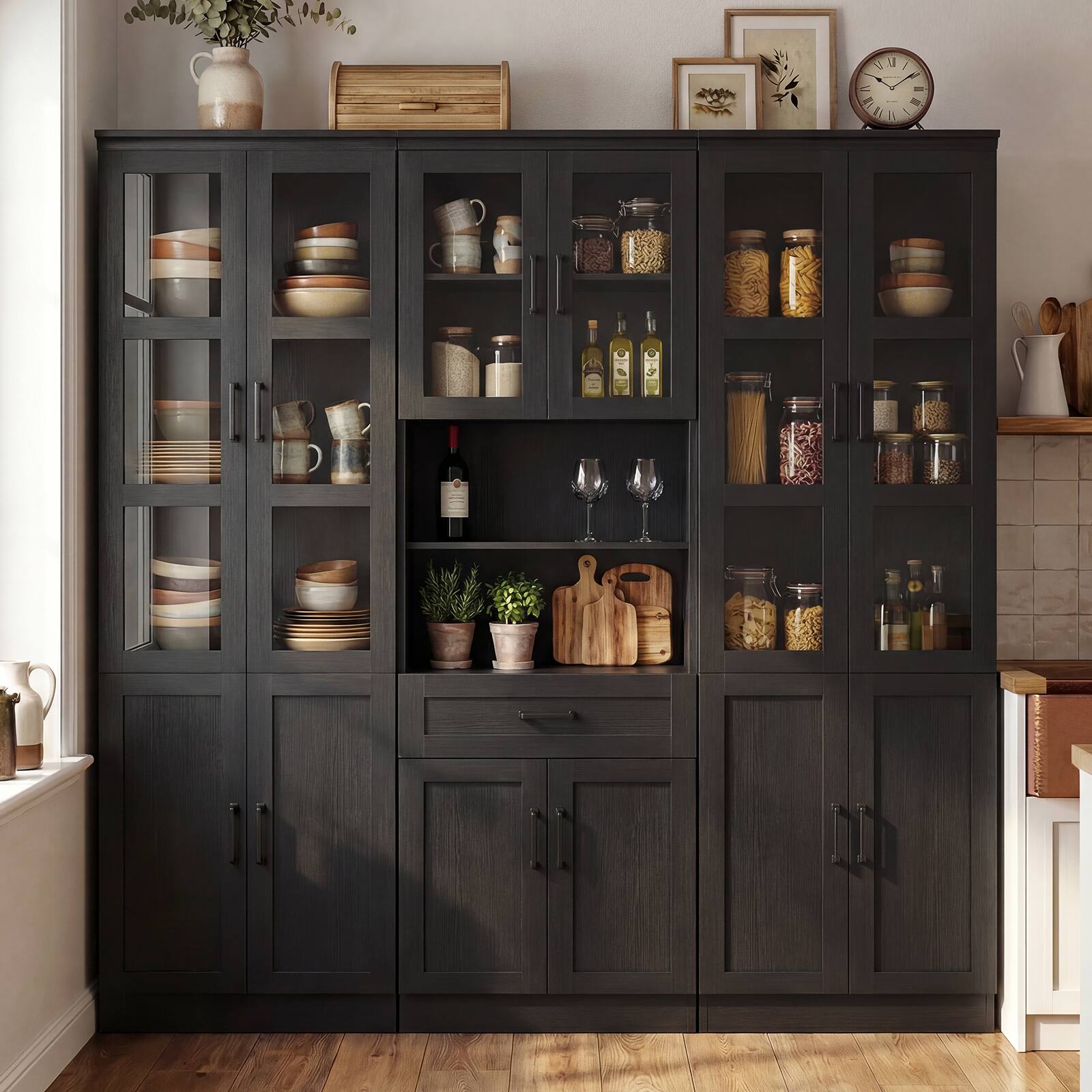 Angle. Aheaplus - 79.7'' Tall Pantry Cabinet 3-Piece Set - 70.8'' Width Kitchen Hutch Cabinet with Drawers & Adjustable Shelves - Black.