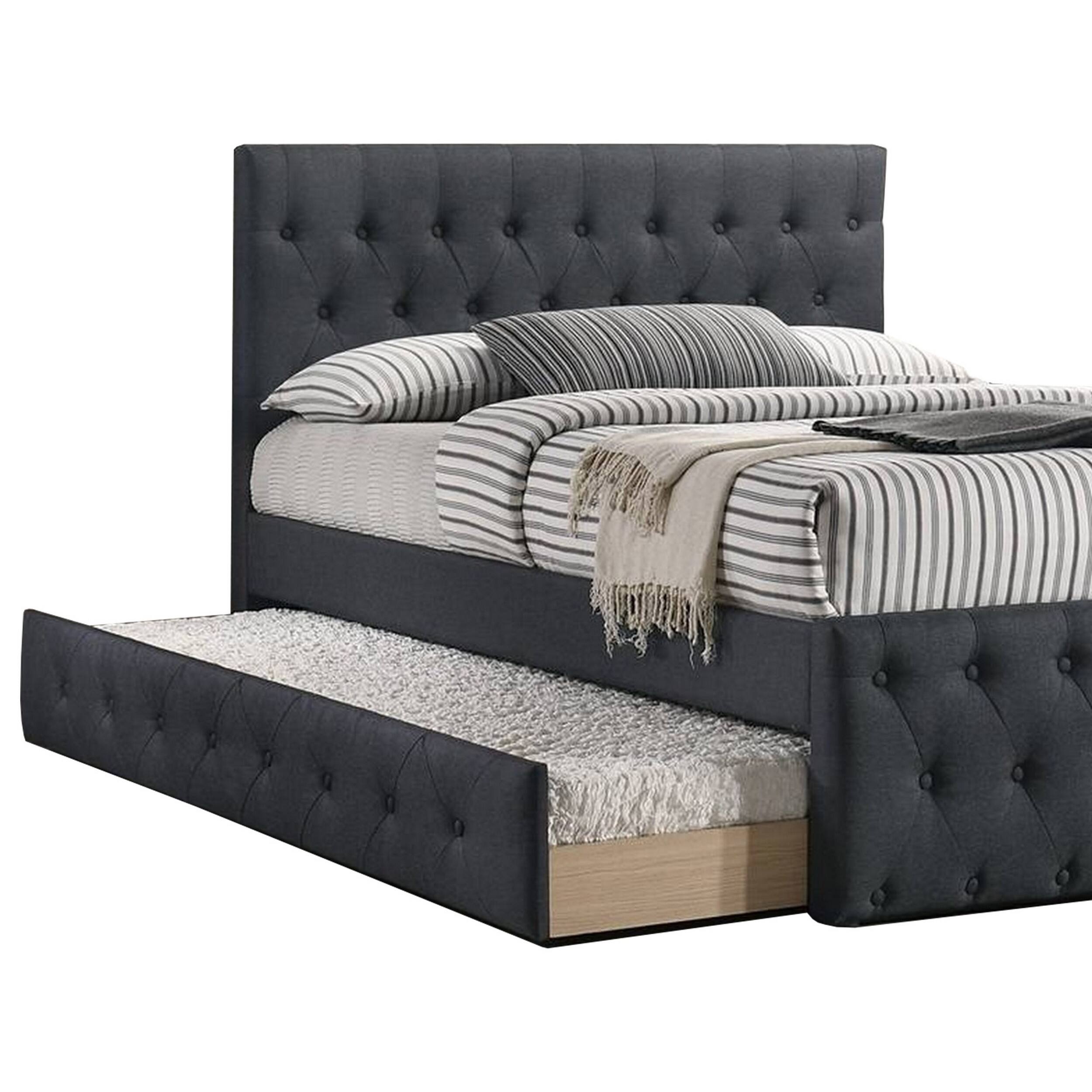 Alt View 1. Manhattan Lane - Nek Wood Twin Size Upholstered Bed with Trundle, Tufted Charcoal Burlap - Charcoal Gray.