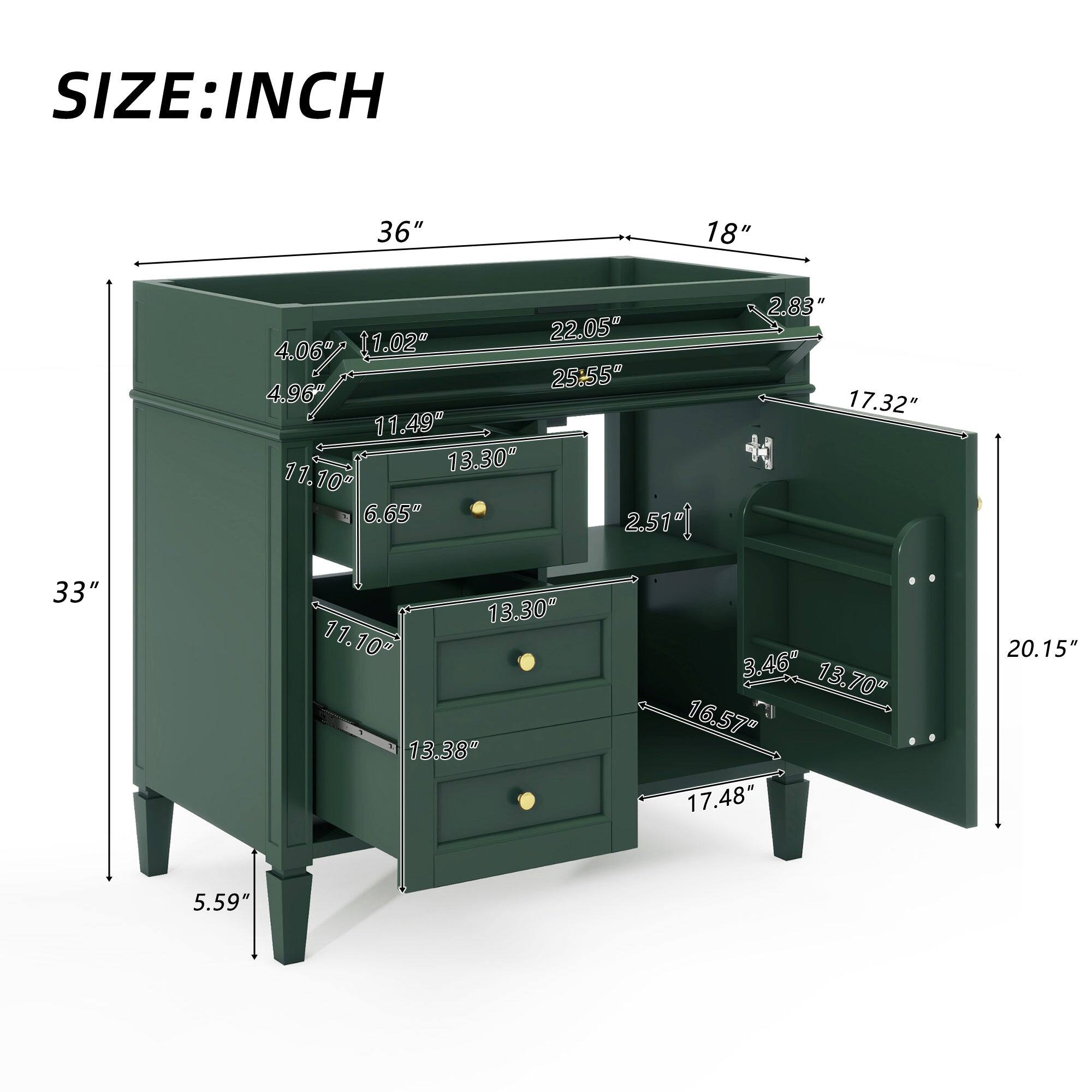 SIZE: INCH

- 36"
- 18"
- 22.05"
- 25.55"
- 17.32"
- 33"
- 13.30"
- 11.10"
- 6.65"
- 2.51"
- 2.83"
- 11.49"
- 4.96"
- 4.06"
- 1.02"
- 13.38"
- 3.46"
- 13.70"
- 16.57"
- 17.48"
- 20.15"
- 5.59"