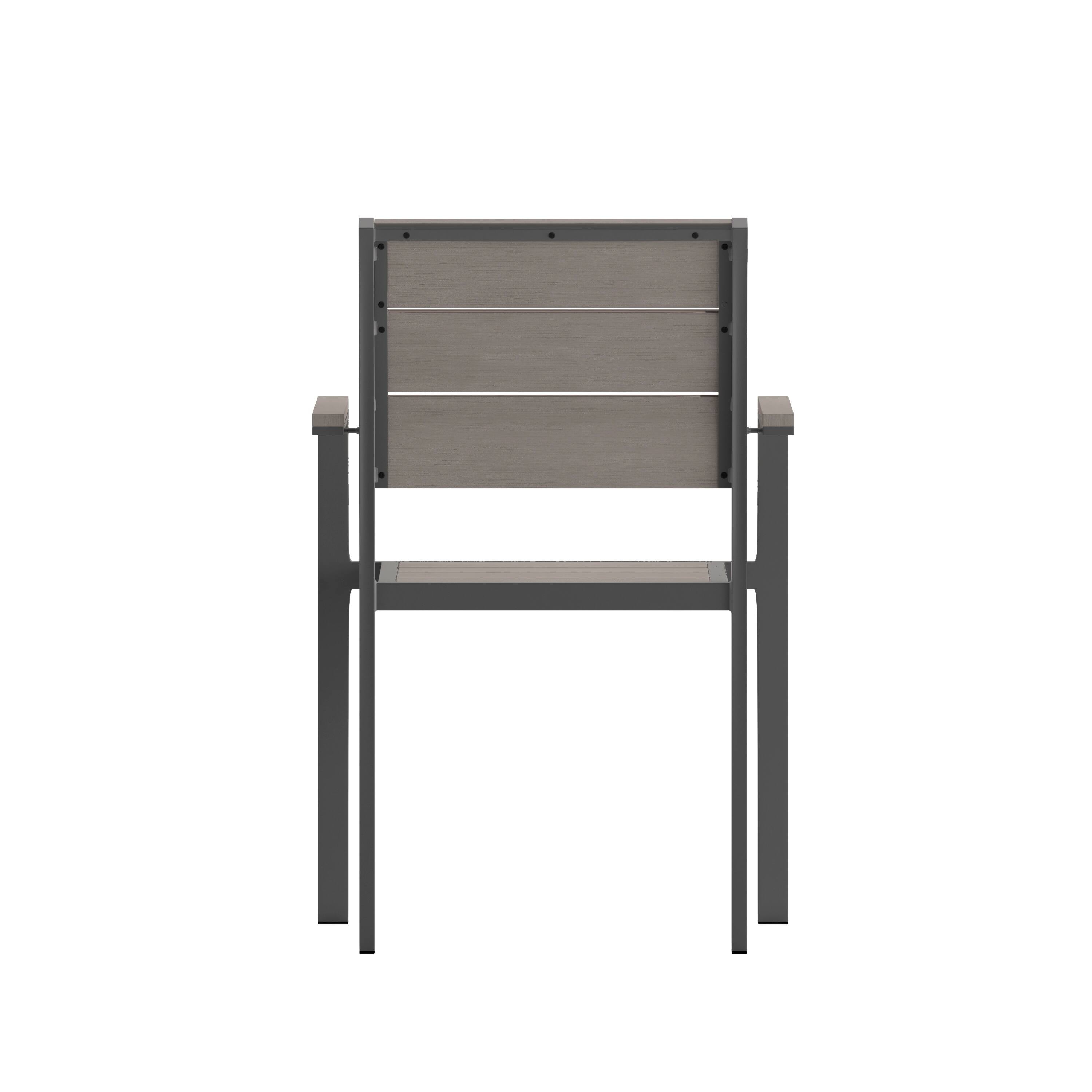 Alt View 7. Emma + Oliver - Fena Outdoor Stacking Side Chair with Faux Teak Poly Slat Seat, Back and Arms and Metal Frame - Gray.