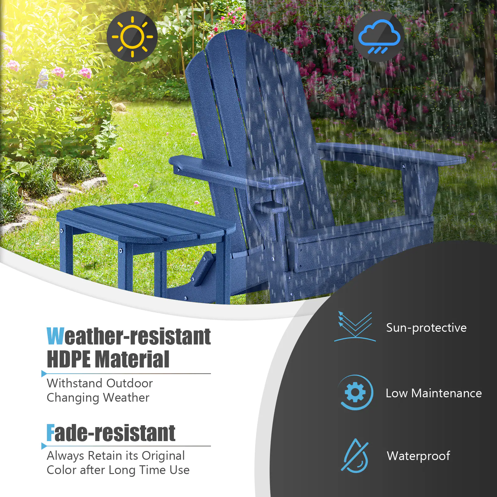 Weather-resistant HDPE Material
Withstand Outdoor Changing Weather
Fade-resistant
Always Retain its Original Color after Long Time Use
Sun-protective
Low Maintenance
Waterproof