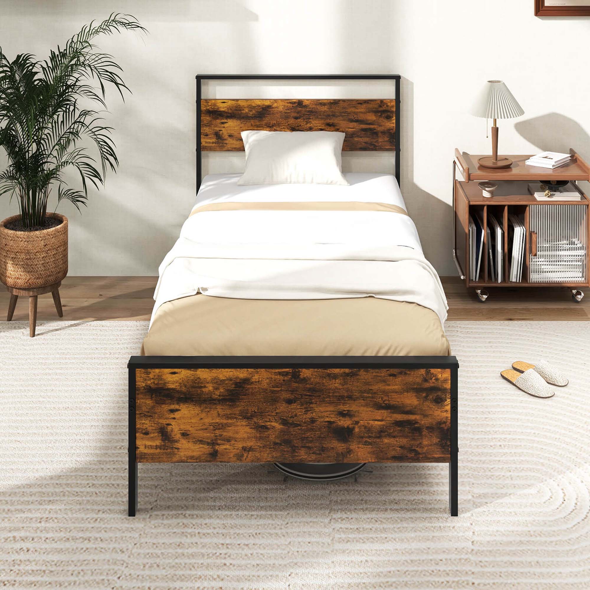 Alt View 4. Costway - Twin Size Bed Frame with Wooden Headboard and Footboard Under-Bed Storage - Brown.