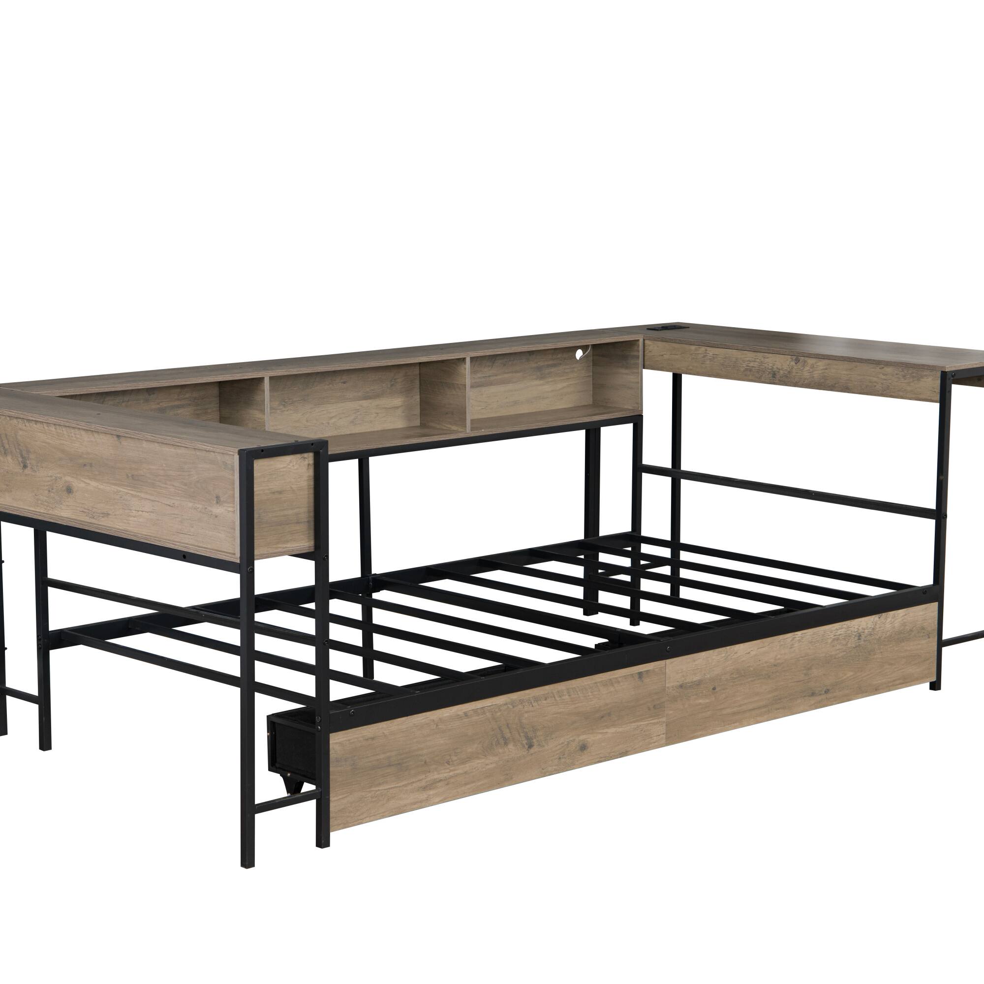 Alt View 7. GOODSILO - Compact Twin Corner Bed Frame with Integrated Bookcase, Underbed Storage Drawers, LED Lighting, and Charging Station - Grey.