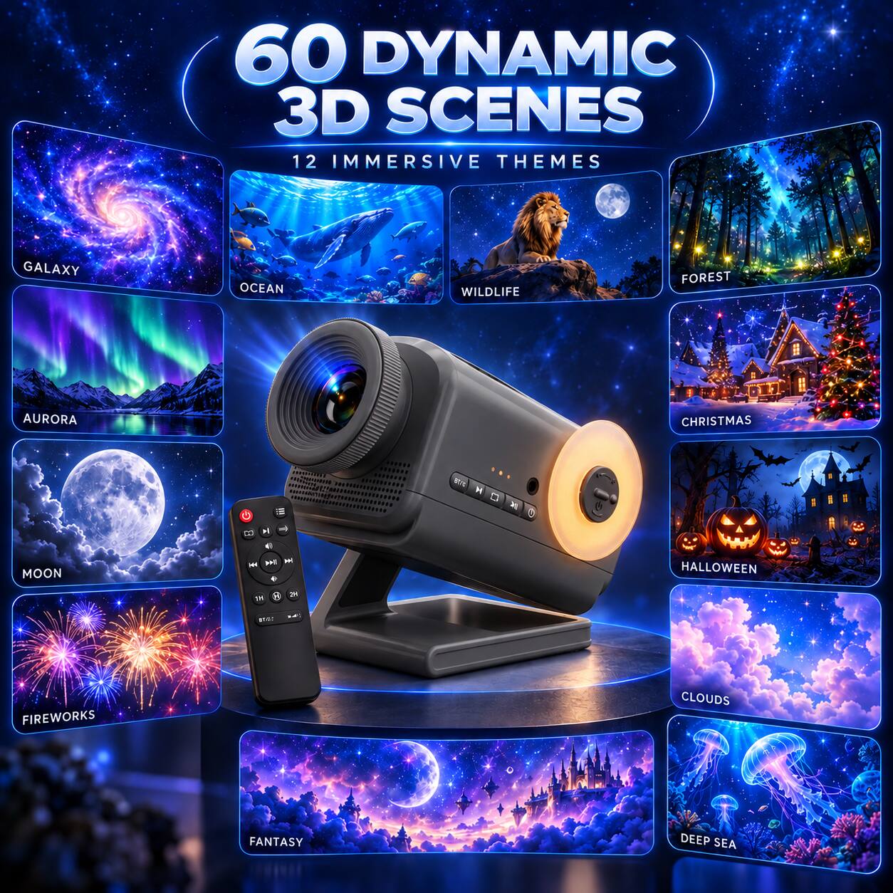 60 DYNAMIC 3D SCENES  
12 IMMERSIVE THEMES

- GALAXY
- OCEAN
- WILDLIFE
- FOREST
- AURORA
- CHRISTMAS
- MOON
- HALLOWEEN
- FIREWORKS
- CLOUDS
- FANTASY
- DEEP SEA
