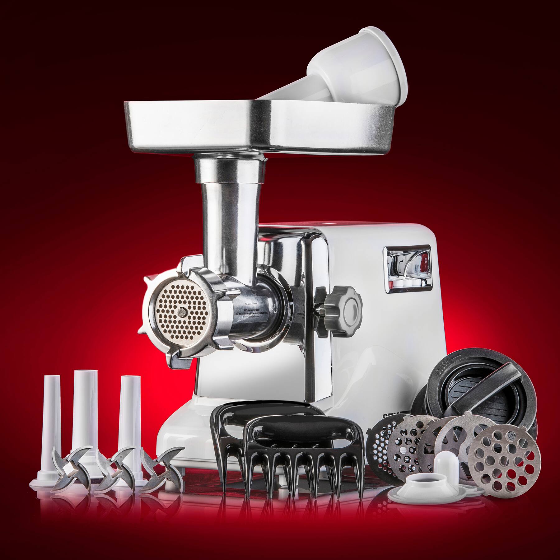 Angle. STX International - Turboforce 3000 Series 5-in-1 Electric Meat Grinder | 3000W Max | 3-Speed | Size #12 | 5 Grinding Plates | 3 Stainless S - White.