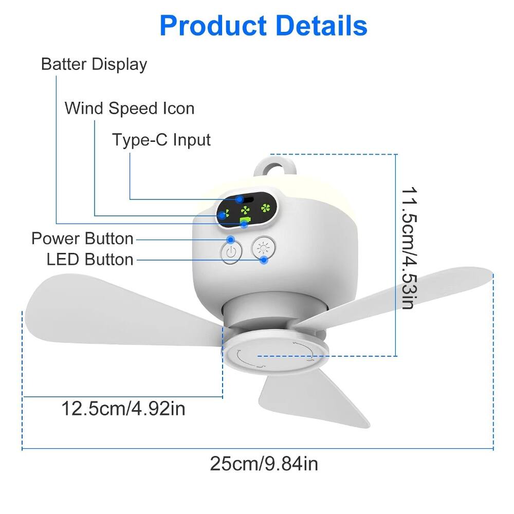 Product Details  
- Batter Display  
- Wind Speed Icon  
- Type-C Input  
- Power Button  
- LED Button  

Dimensions:  
- 11.5cm/4.53in  
- 12.5cm/4.92in  
- 25cm/9.84in