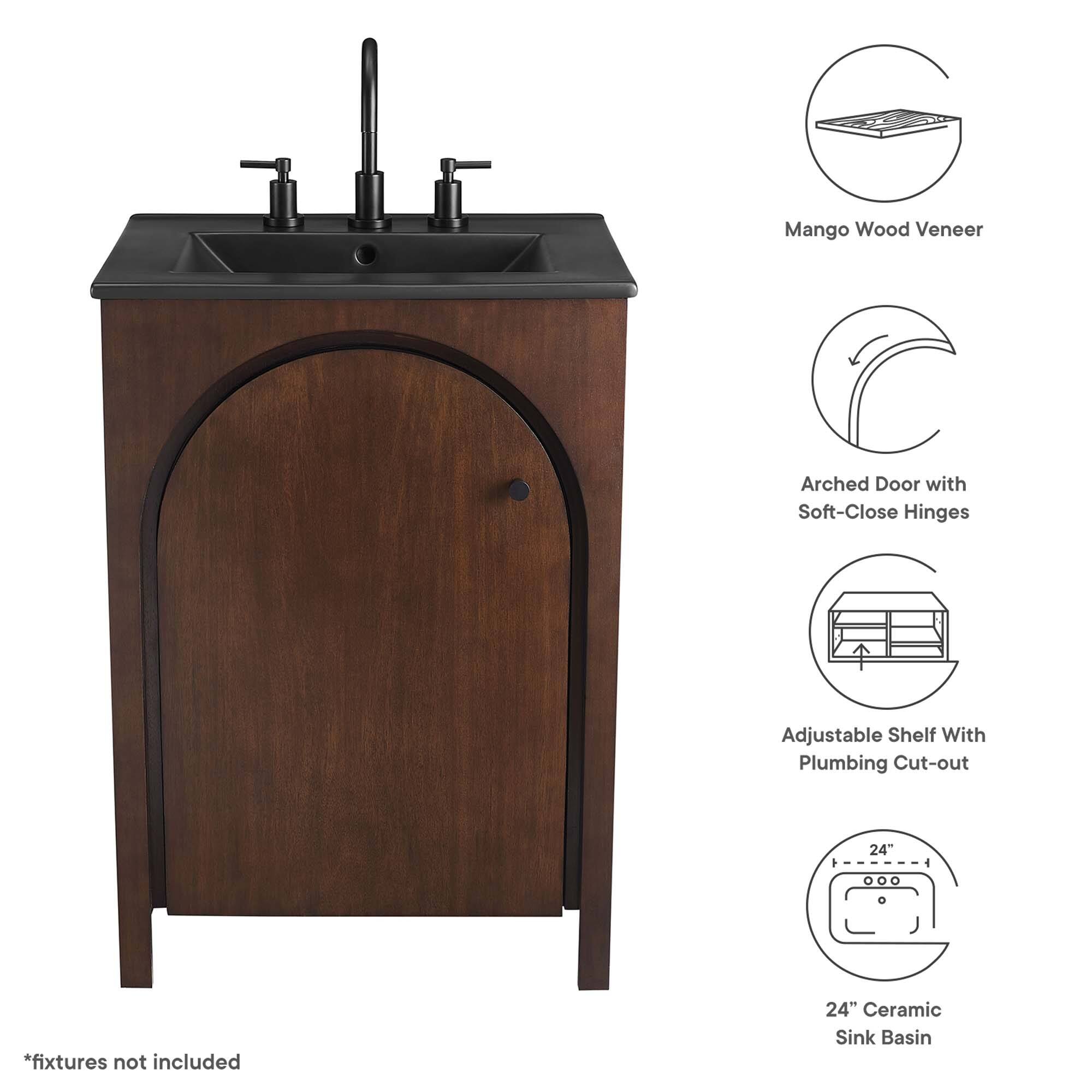 Mango Wood Veneer Arched Door with Soft-Close Hinges Adjustable Shelf With Plumbing Cut-out a 24" Ceramic Sink Basin

*fixtures not included