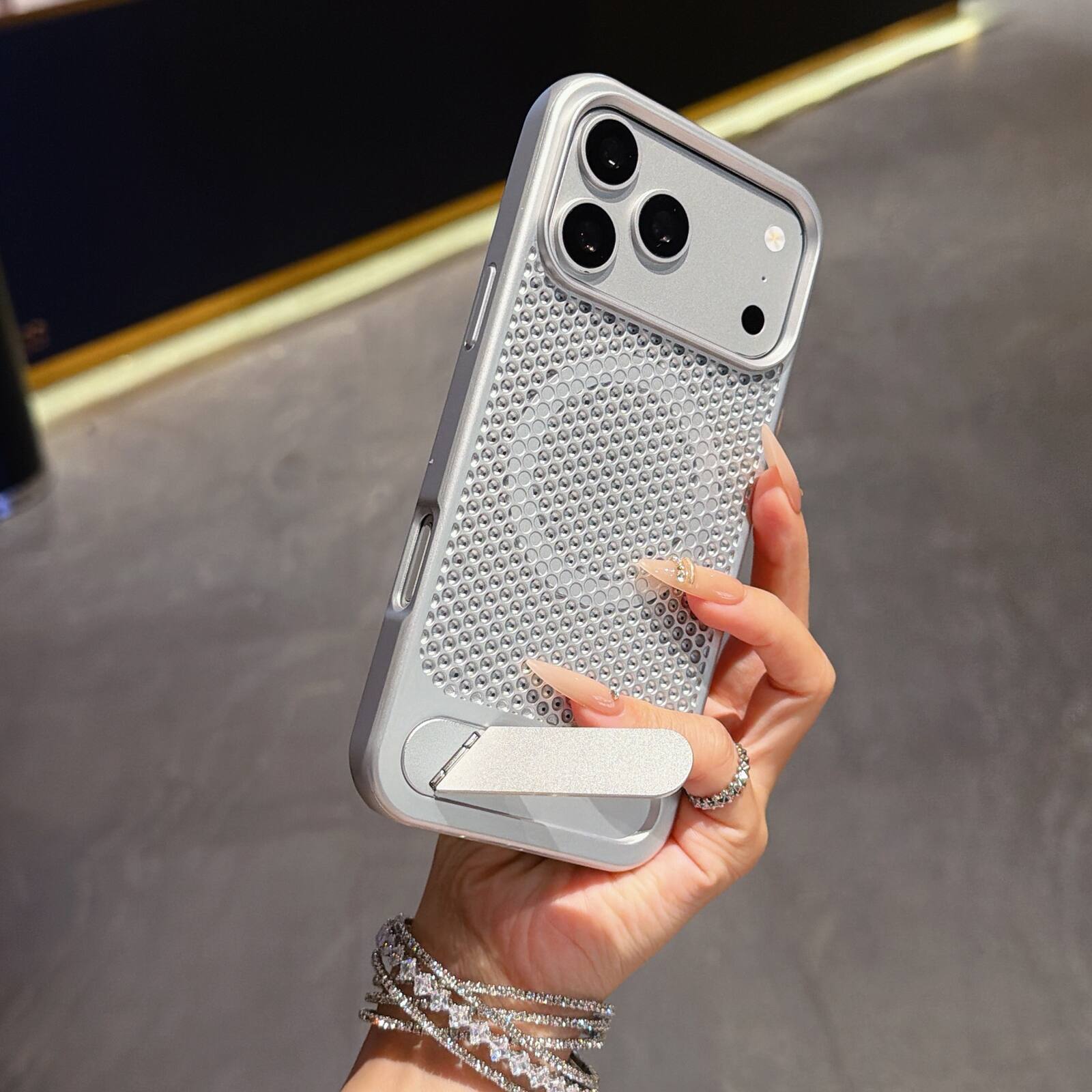 Front. Dteck - Heat Dissipation Case for Apple iPhone 18 Pro Max with Foldable Hidden Kickstand,Shock-absorbent TPU Frame Hard PC Cover - Silver.