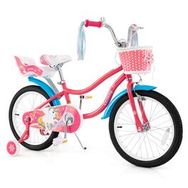Costway - 18" Kids Bike for 4-8 Years Old with Basket Doll Seat & Colorful Streamers Kickstand - Pink