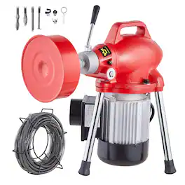 VEVOR - Drain Cleaner Machine 66FT x 5/8 Inch, 250W Electric Sewer Snake Auger Manual Feed - with 2 Sectional Steel Cables - Red