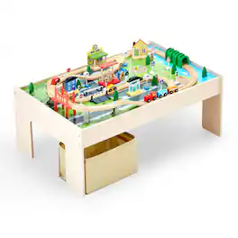 VEVOR - Train Table, 84 Multicolor Pieces Wooden Kids Activity Table with Collapsible Storage Bin, 3-in-1 Wooden Train Set - Wood