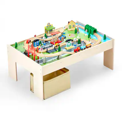Front. VEVOR - Train Table, 84 Multicolor Pieces Wooden Kids Activity Table with Collapsible Storage Bin, 3-in-1 Wooden Train Set - Wood.