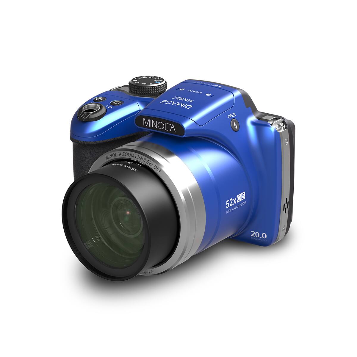 01 M NOT AKBUND STEREO DIMAGE MN52Z O.T OPEN MINOLTA $ MINOLTA ZOOM 24 LENS 52x 35mm OIS 52x019 WIDE 20.0 FUELS 8-5.6