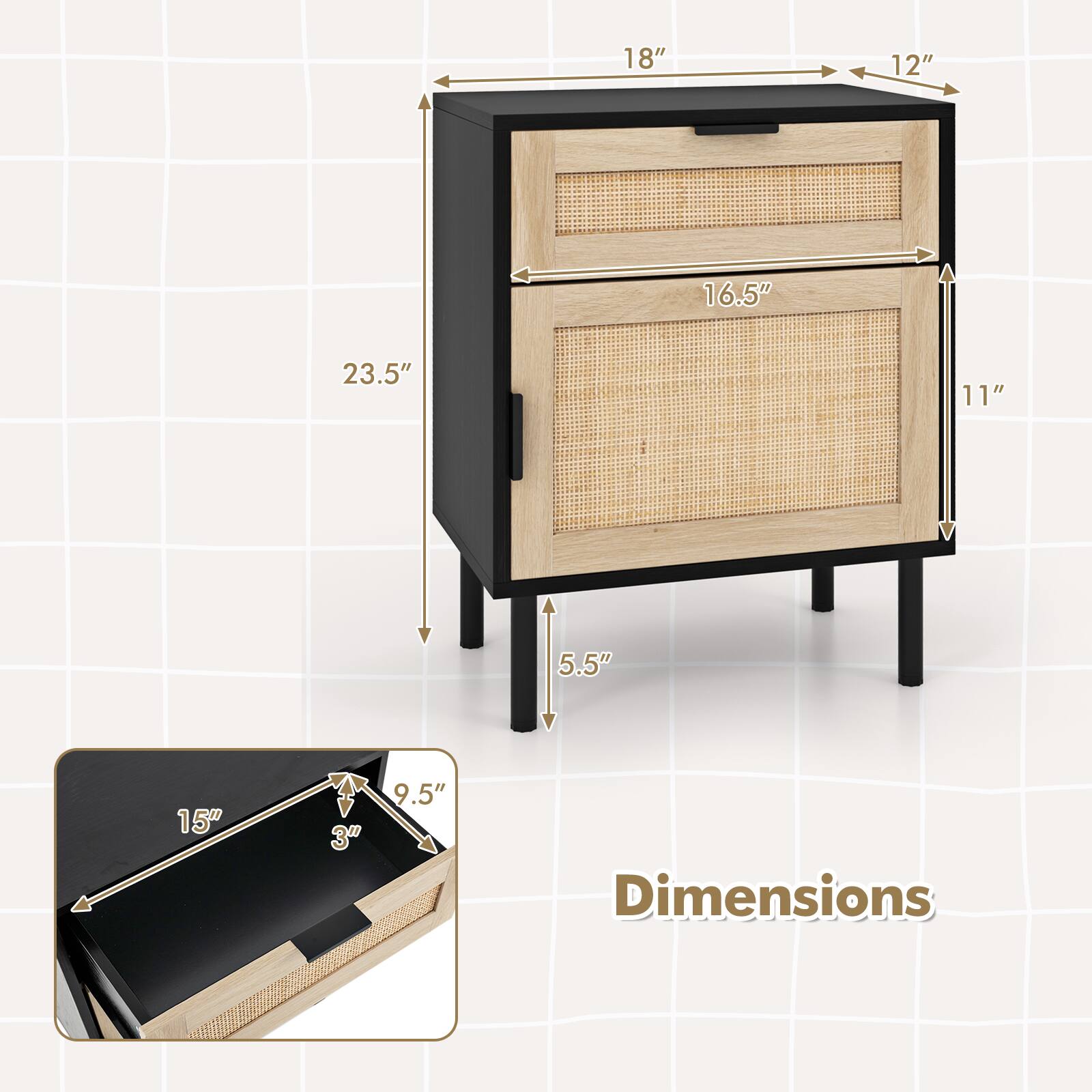 Dimensions

18"  
12"  
16.5"  
23.5"  
11"  
5.5"  
15"  
3"  
9.5"