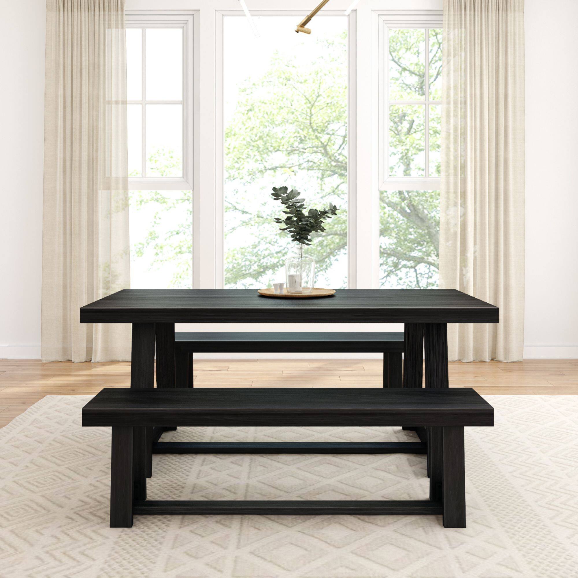 Alt View 3. Plank+Beam - Classic Solid Wood Dining Table Set with 2 Benches, Black Wirebrush - Black Wirebrush.
