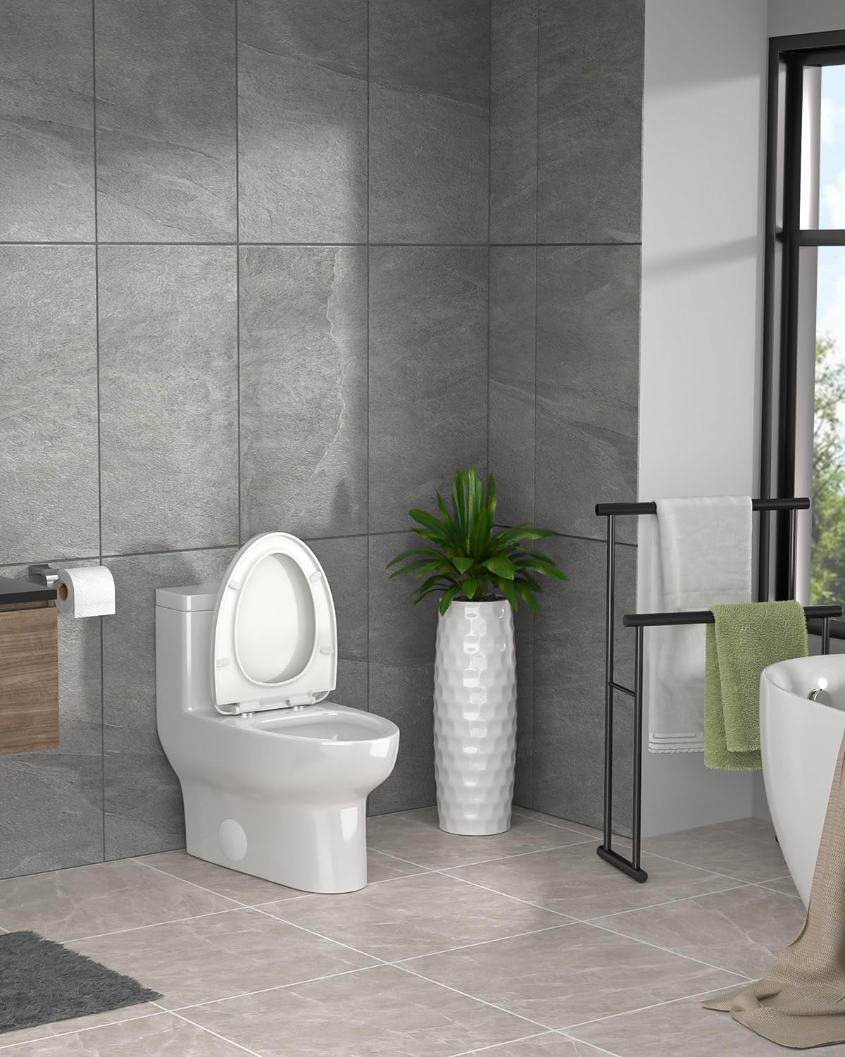 Angle. MOOSOO - One Piece Elongated Toilet Dual Flush Siphonic Floor Mounted Bathroom Toilet 1.6/1.1 GPF with Soft Seat - White.