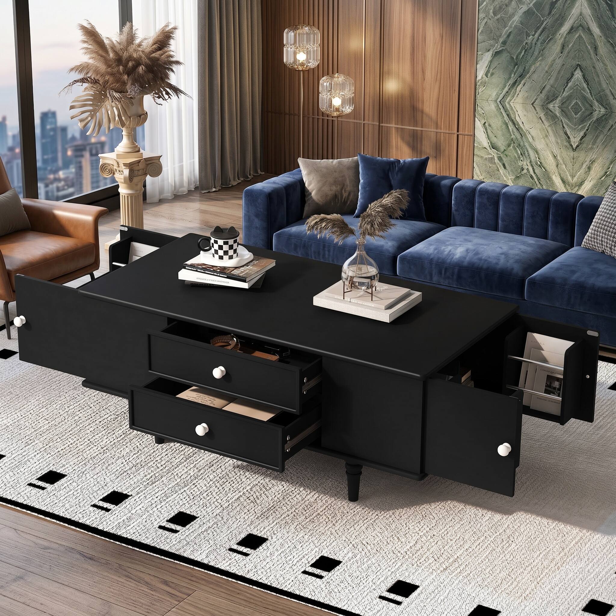 Alt View 9. Forest'nSky - Black Rectangle Coffee Table with Four Drawers, Two Side Hidden Storage Compartments - Black.