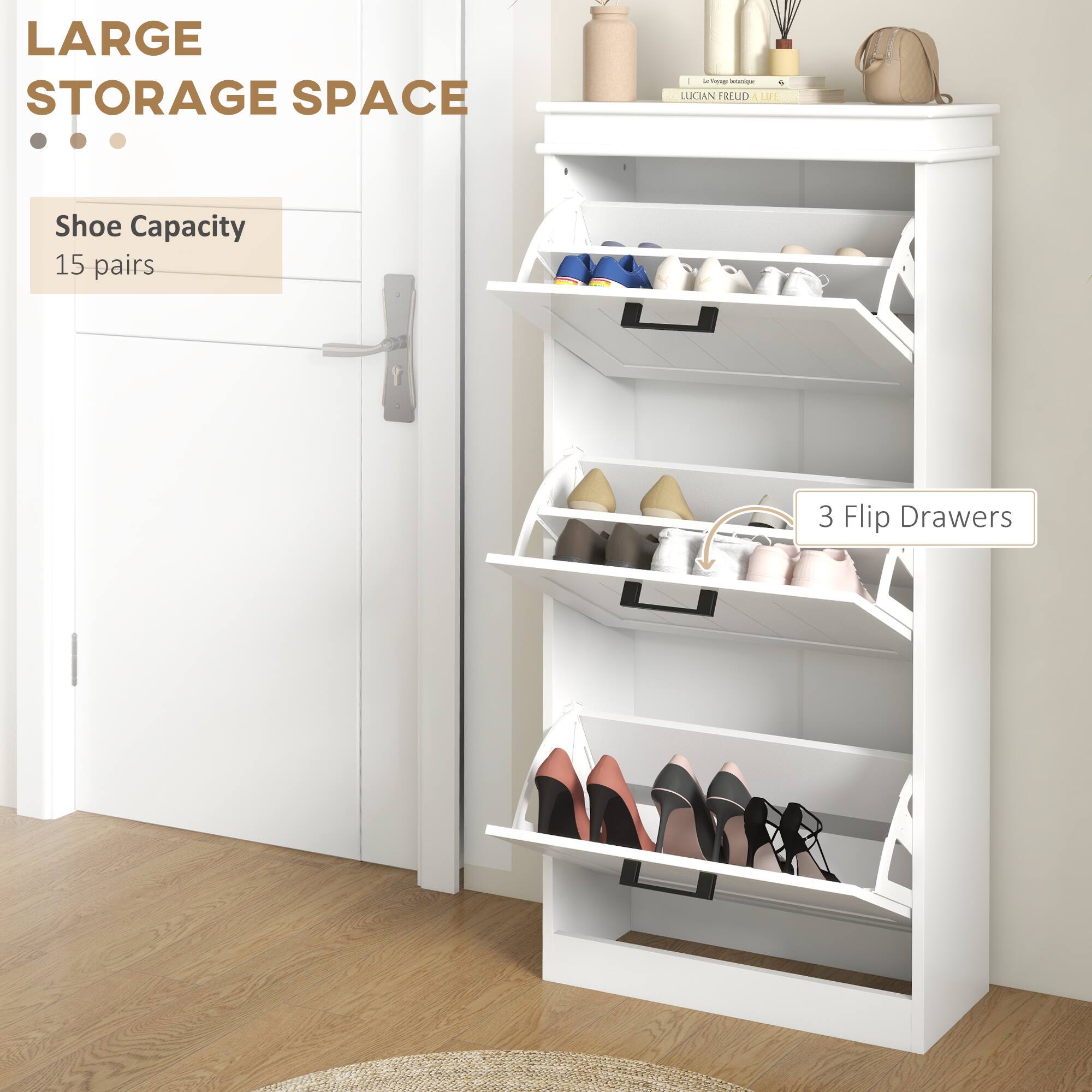 LARGE STORAGE SPACE - Shoe Capacity 15 pairs - 3 Flip Drawers