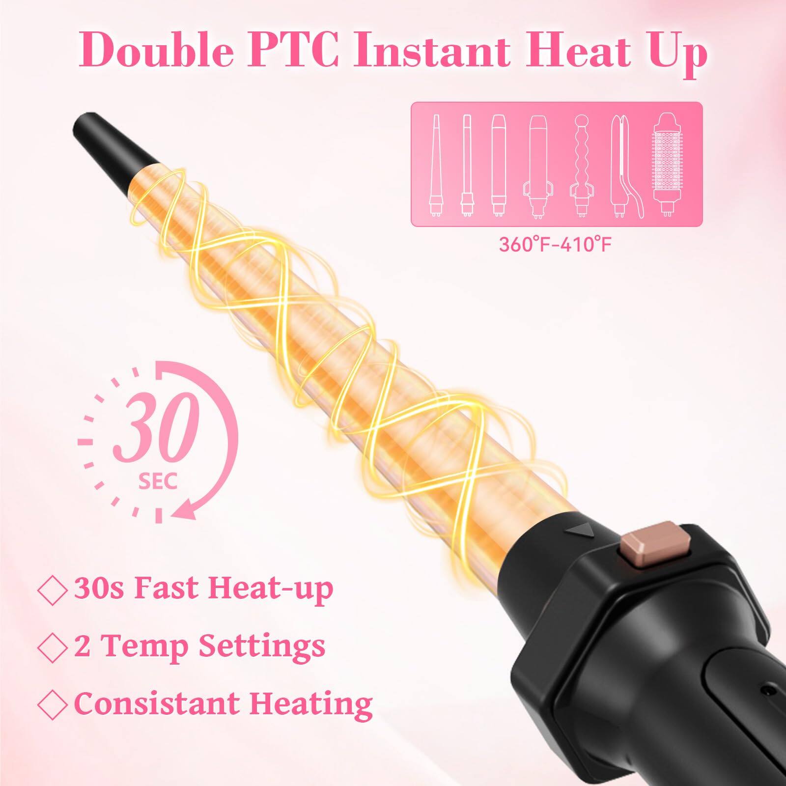 Double PTC Instant Heat Up

360°F-410°F

30 SEC

30s Fast Heat-up

2 Temp Settings

Consistant Heating