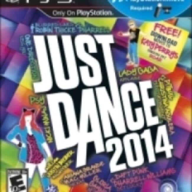 Sure, here is the corrected and grouped text from the image:

---

**JUST DANCE 2014**

**Only On PlayStation**

**FREE!**  
**Katy Perry - Dark Horse**

**Lady Gaga - Applause**

**Robin Thicke - Blurred Lines**

**PSY - Gangnam Style**

**Nicki Minaj - Pound the Alarm**

**E10+**

---

This text is from the cover of the video game "Just Dance 2014" for PlayStation.