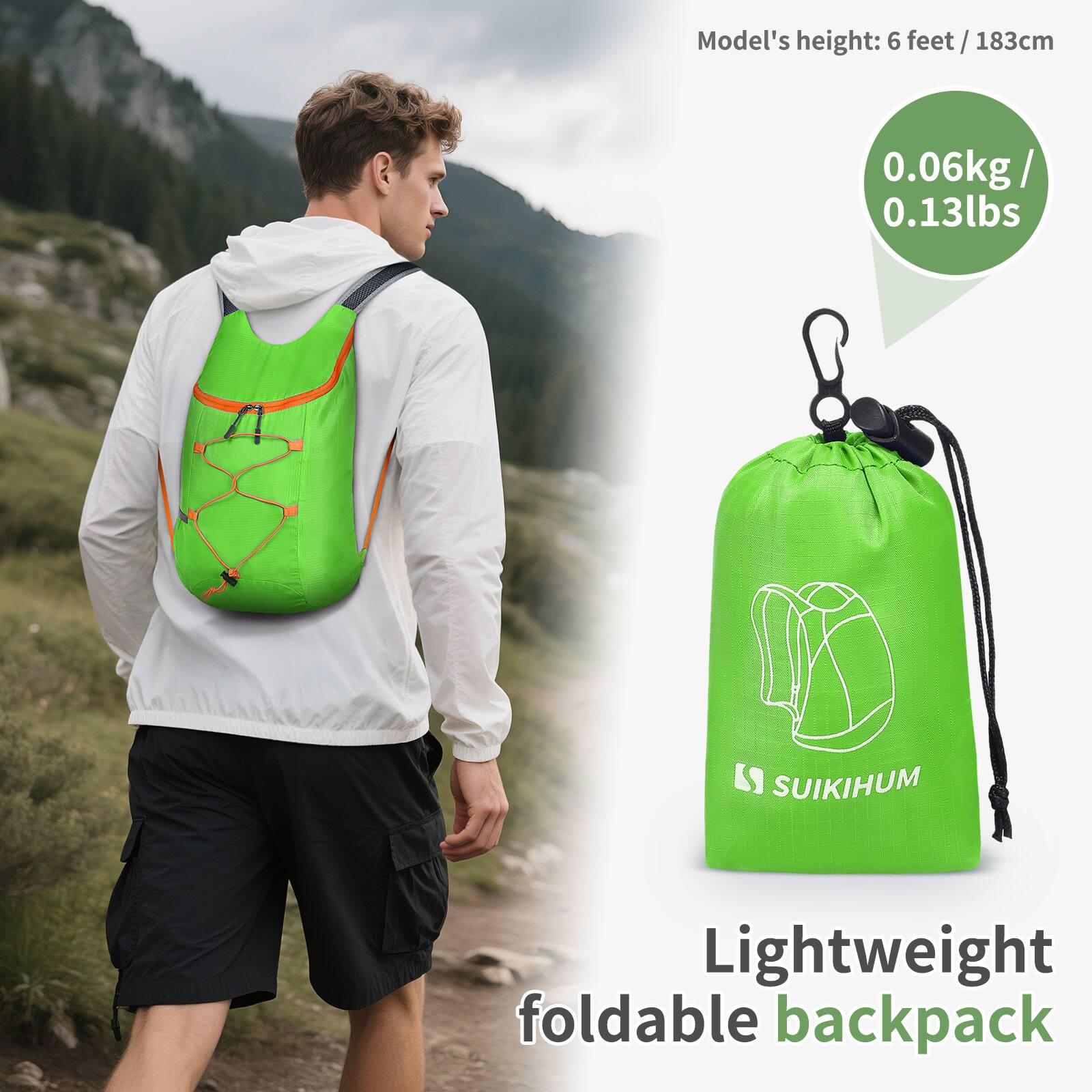 Model's height: 6 feet / 183cm

0.06kg / 0.13lbs

SUIKIHUM Lightweight foldable backpack