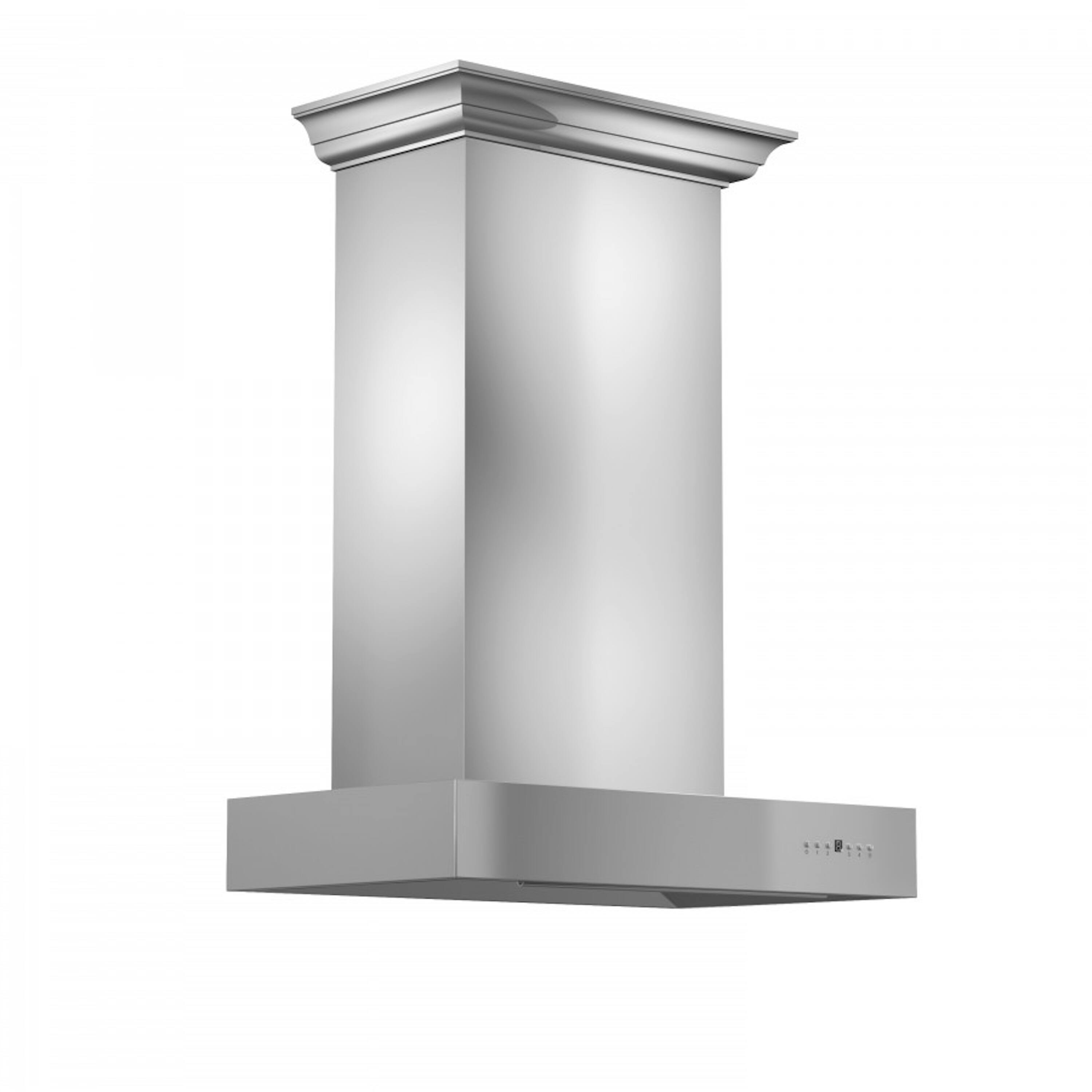 Left. ZLINE - ZLINE 30 in. Convertible Professional Wall Mount Range Hood in Stainless Steel with Crown Molding (KECOMCRN-30) - Stainless steel.