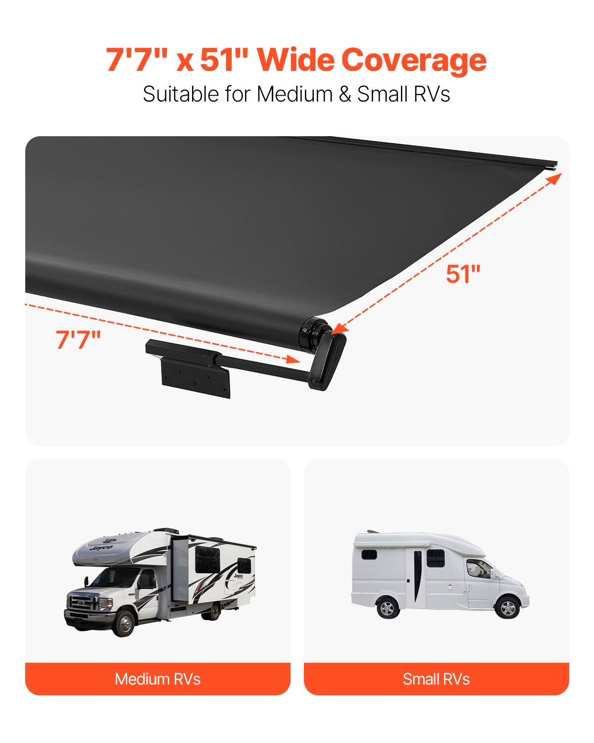 7'7" x 51" Wide Coverage  
Suitable for Medium & Small RVs  

7'7"  
51"  

Medium RVs  
Small RVs