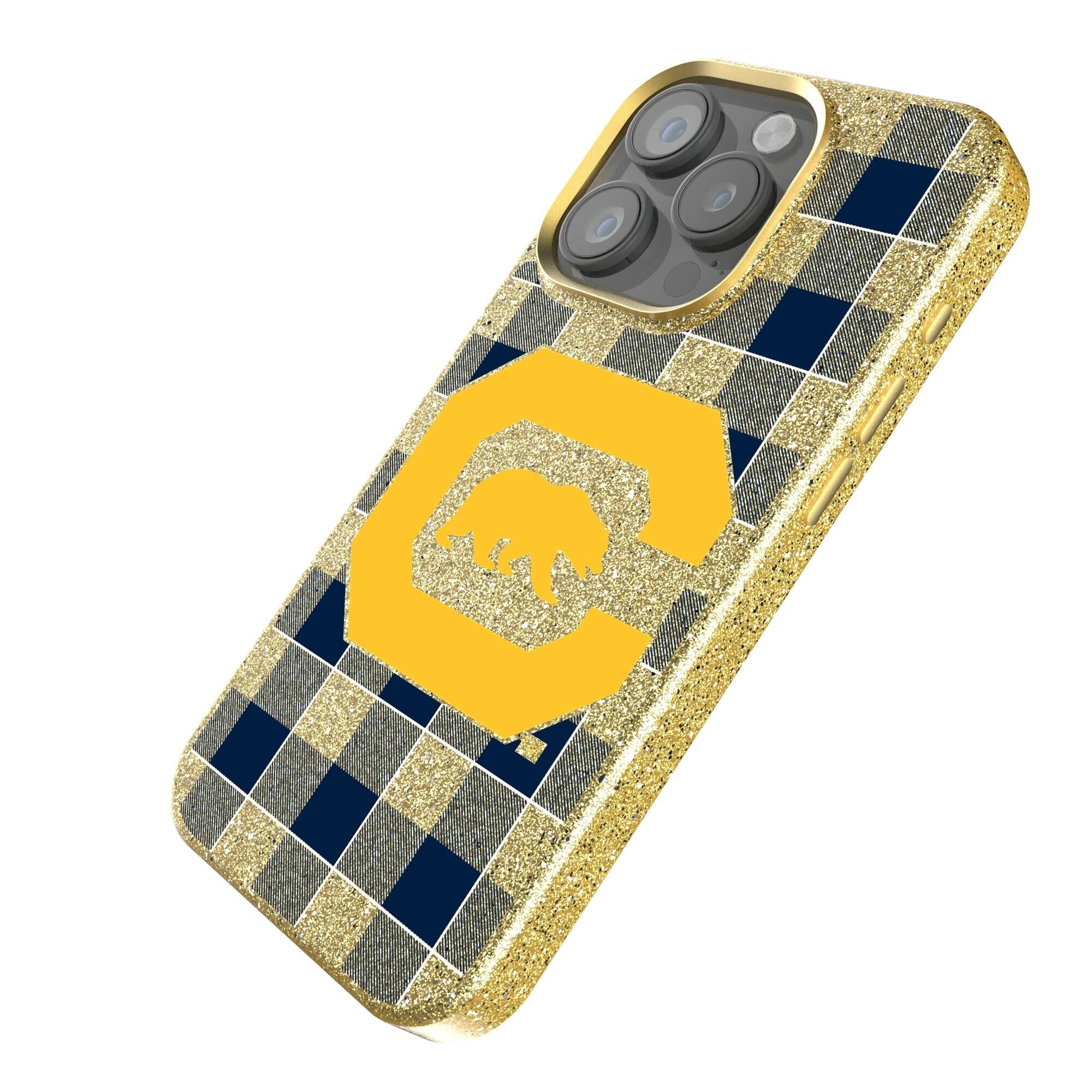 Alt View 1. Keyscaper - Cal Bears Plaid Bling iPhone Case - 14 Pro - Gold.