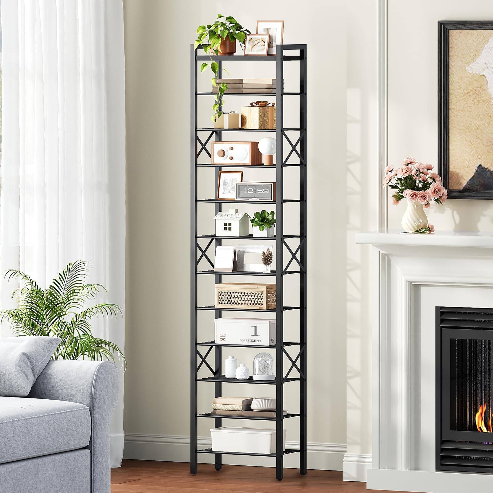 Alt View 5. Reds Spade - 12 Tier Narrow Shoe Rack Tall Shoe Rack 12 24 Pairs Slim Shoe Storage Organizer Top Space Saving - Rustic Brown + Black 16.5" x 10.4" x 67".