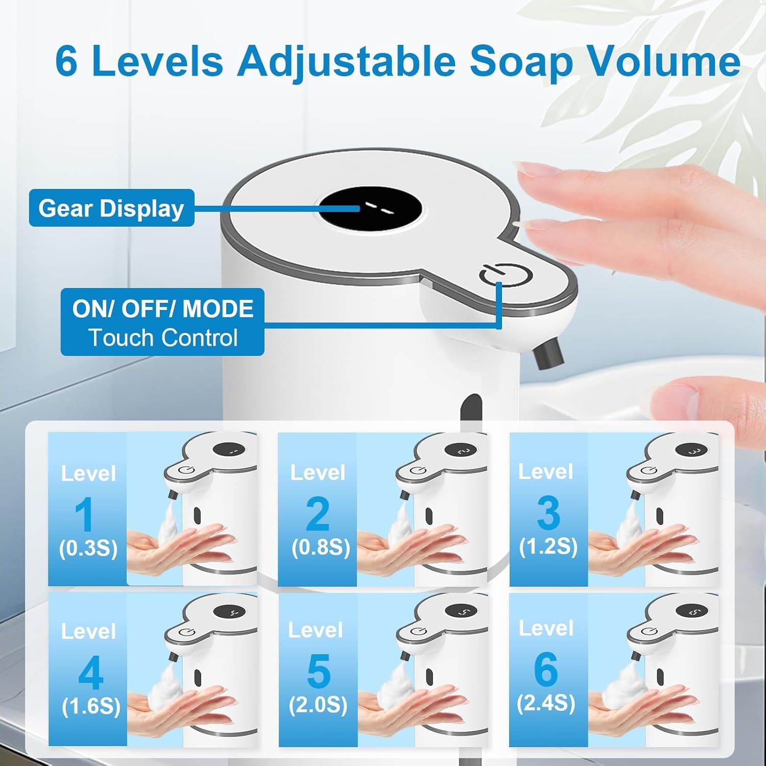 6 Levels Adjustable Soap Volume

Gear Display

ON/ OFF/ MODE Touch Control

Level 1 (0.3S)

Level 2 (0.8S)

Level 3 (1.2S)

Level 4 (1.6S)

Level 5 (2.0S)

Level 6 (2.4S)