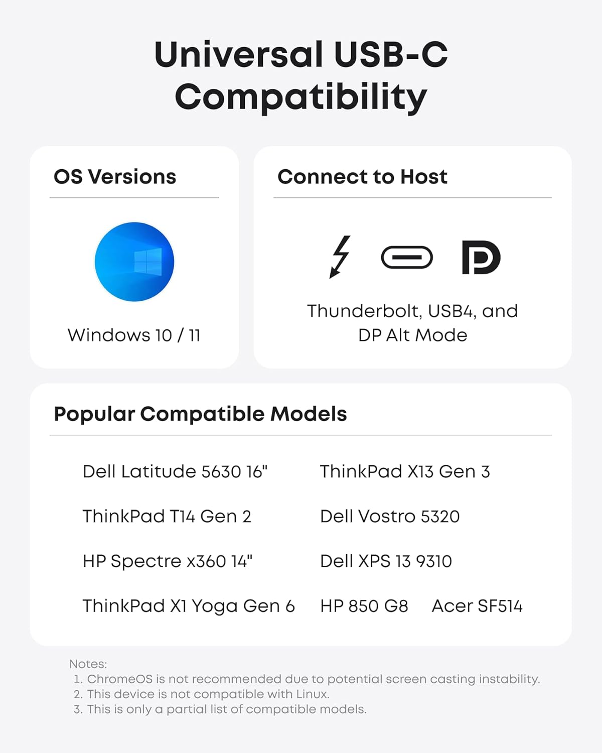 Universal USB-C Compatibility

OS Versions  
Windows 10 / 11

Connect to Host  
Thunderbolt, USB4, and DP Alt Mode

Popular Compatible Models  
- Dell Latitude 5630 16"  
- ThinkPad X13 Gen 3  
- ThinkPad T14 Gen 2  
- HP Spectre x360 14"  
- Dell XPS 13 9310  
- ThinkPad X1 Yoga Gen 6  
- Dell Vostro 5320  
- HP 850 G8  
- Acer SF514  

Notes:  
1. ChromeOS is not recommended due to potential screen casting instability.  
2. This device is not compatible with Linux.  
3. This is only a partial list of compatible models.