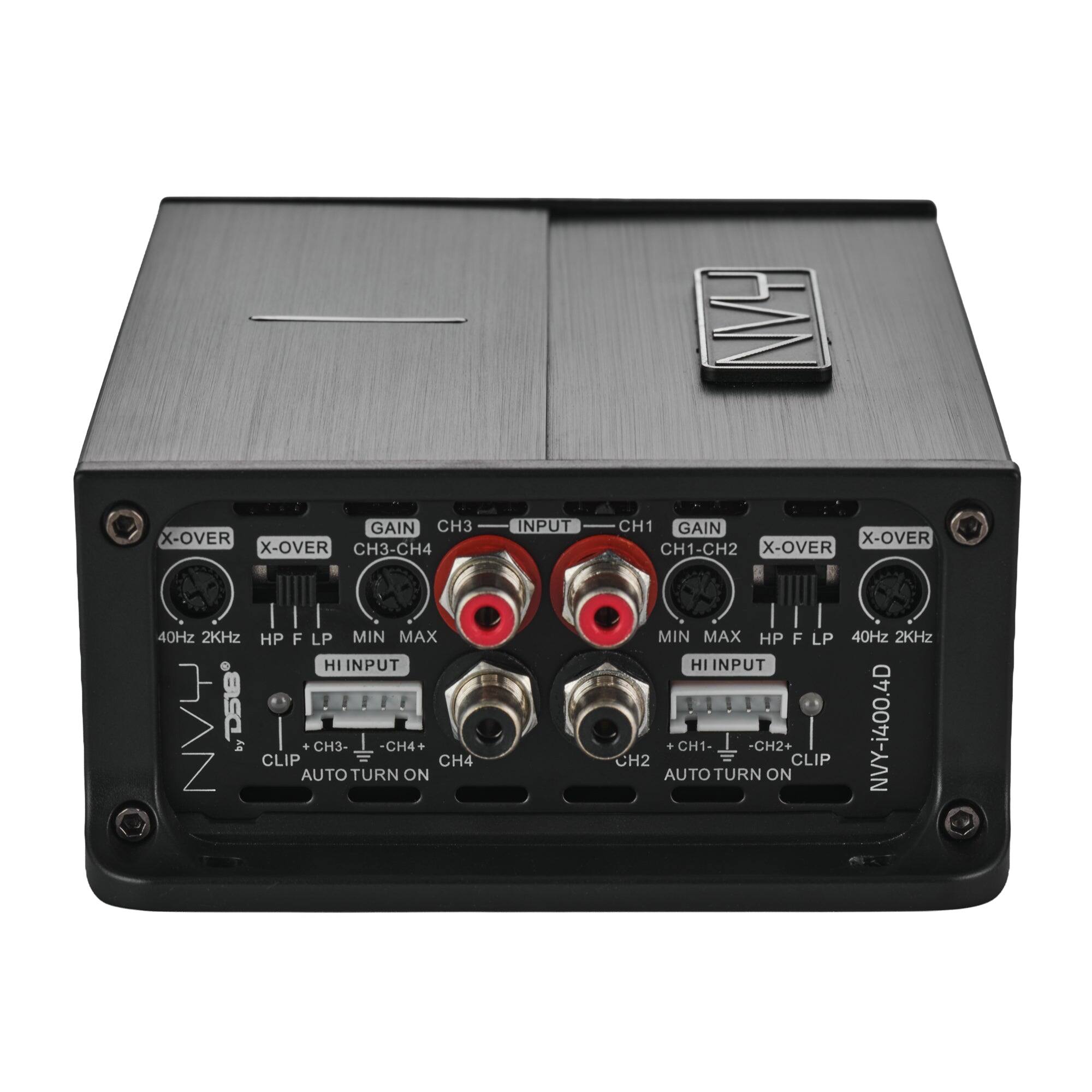 GAIN CH3 X-OVER X-OVER CH3-CH4 40Hz 2KHz HP F LP MIN MAX HI INPUT NVY by CLIP AUTO CH3- TURN -CH4+ ON CH4

INPUT
CH1 GAIN X-OVER CH1-CH2 X-OVER MIN MAX HP F LP 40Hz 2KHz HI INPUT CH2 AUTO + CH1- TURN -CH2+ ON CLIP NVY-i400.4D